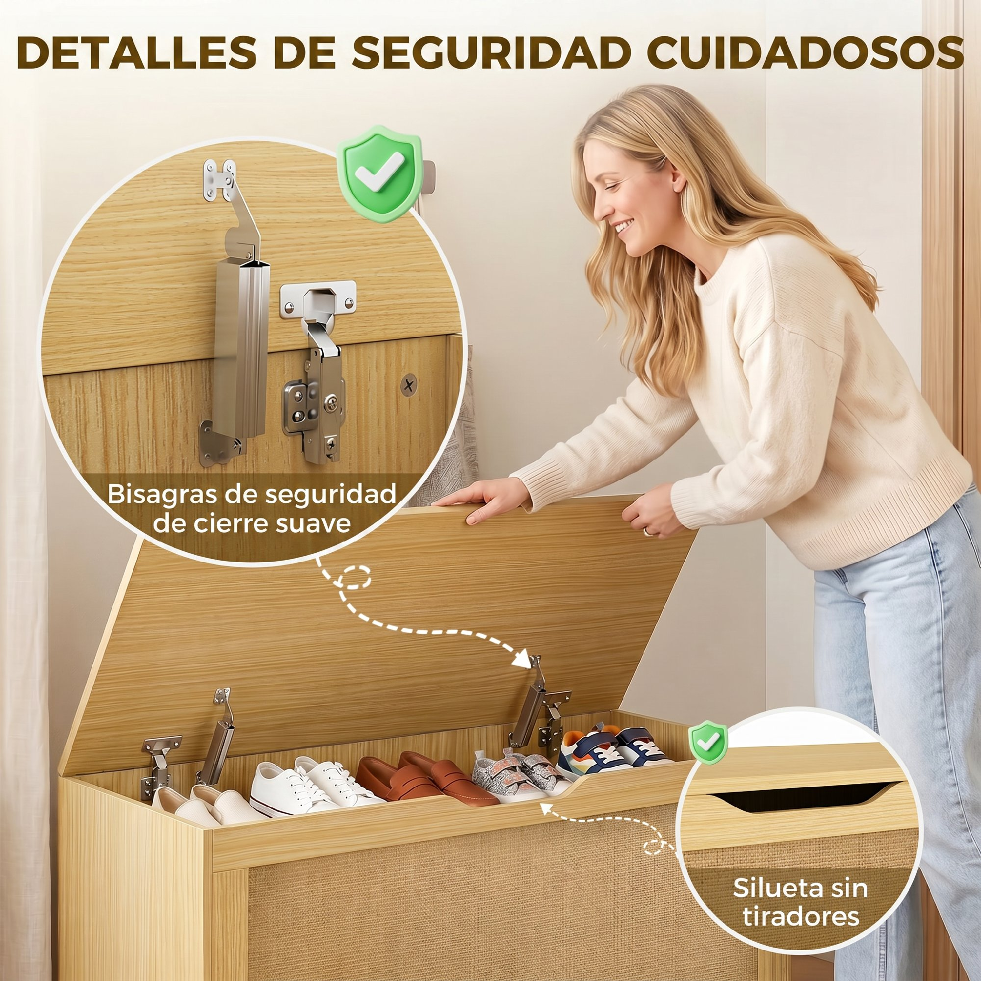 Una mujer rubia abre un banco de madera para zapatos con bisagras de cierre suave.