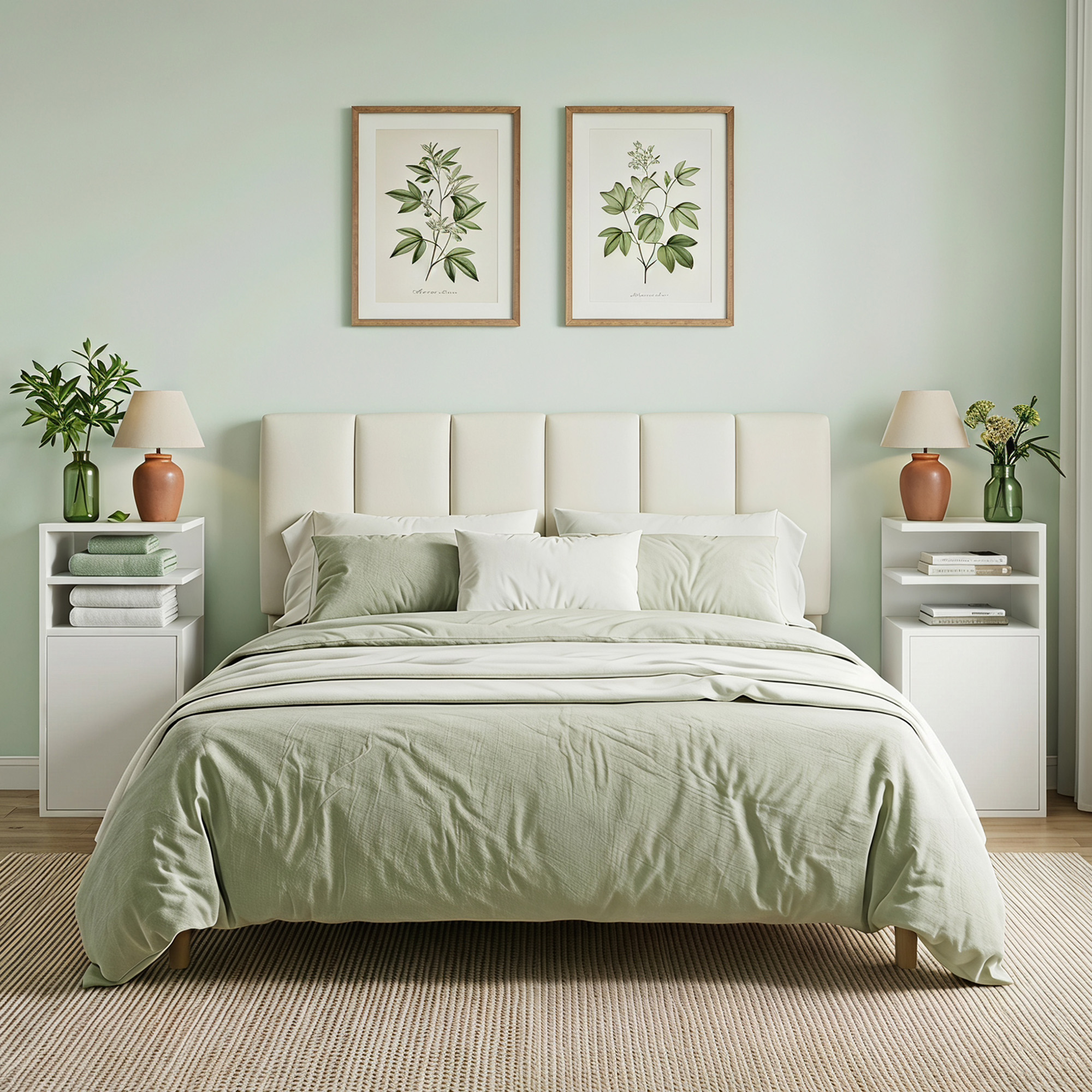 Dormitorio tranquilo con cabecera beige, ropa de cama verde salvia, mesitas de noche blancas y dos cuadros botánicos.