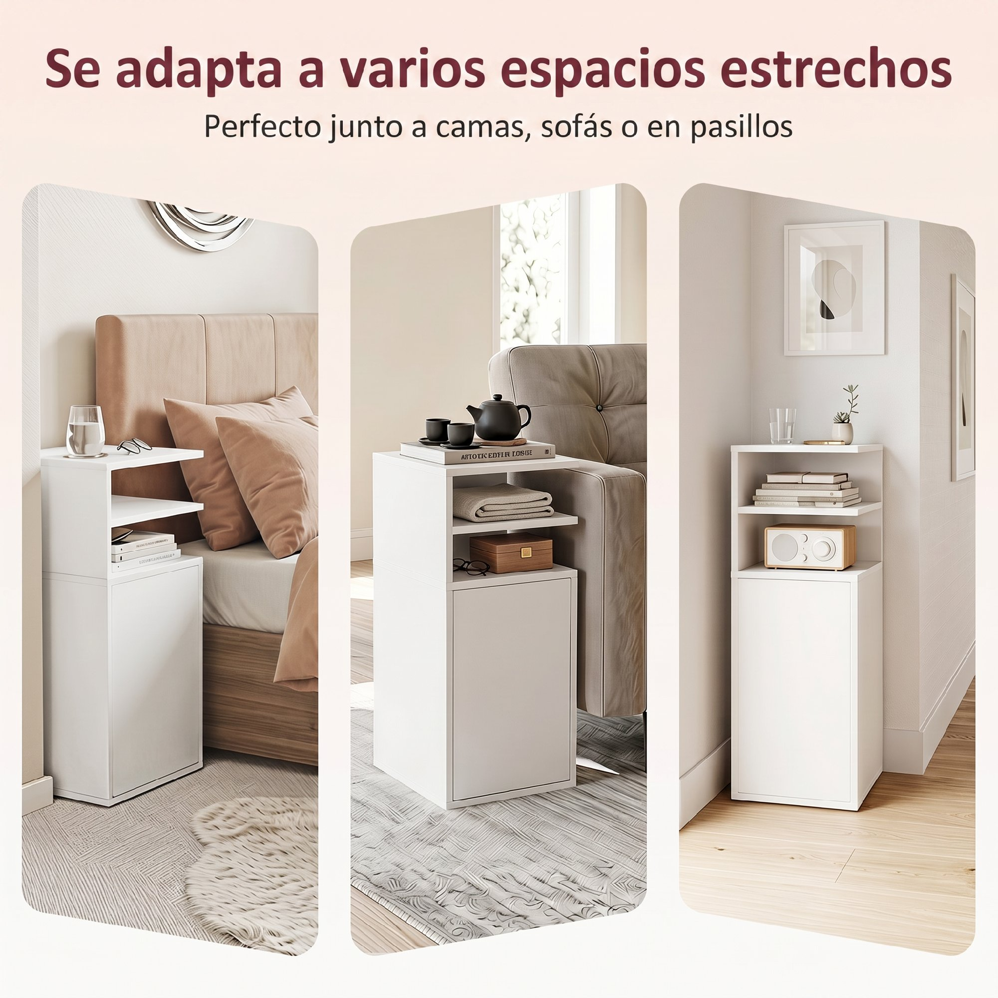 Una mesa auxiliar blanca y estrecha en tres espacios: junto a una cama, un sofá y en un pasillo.