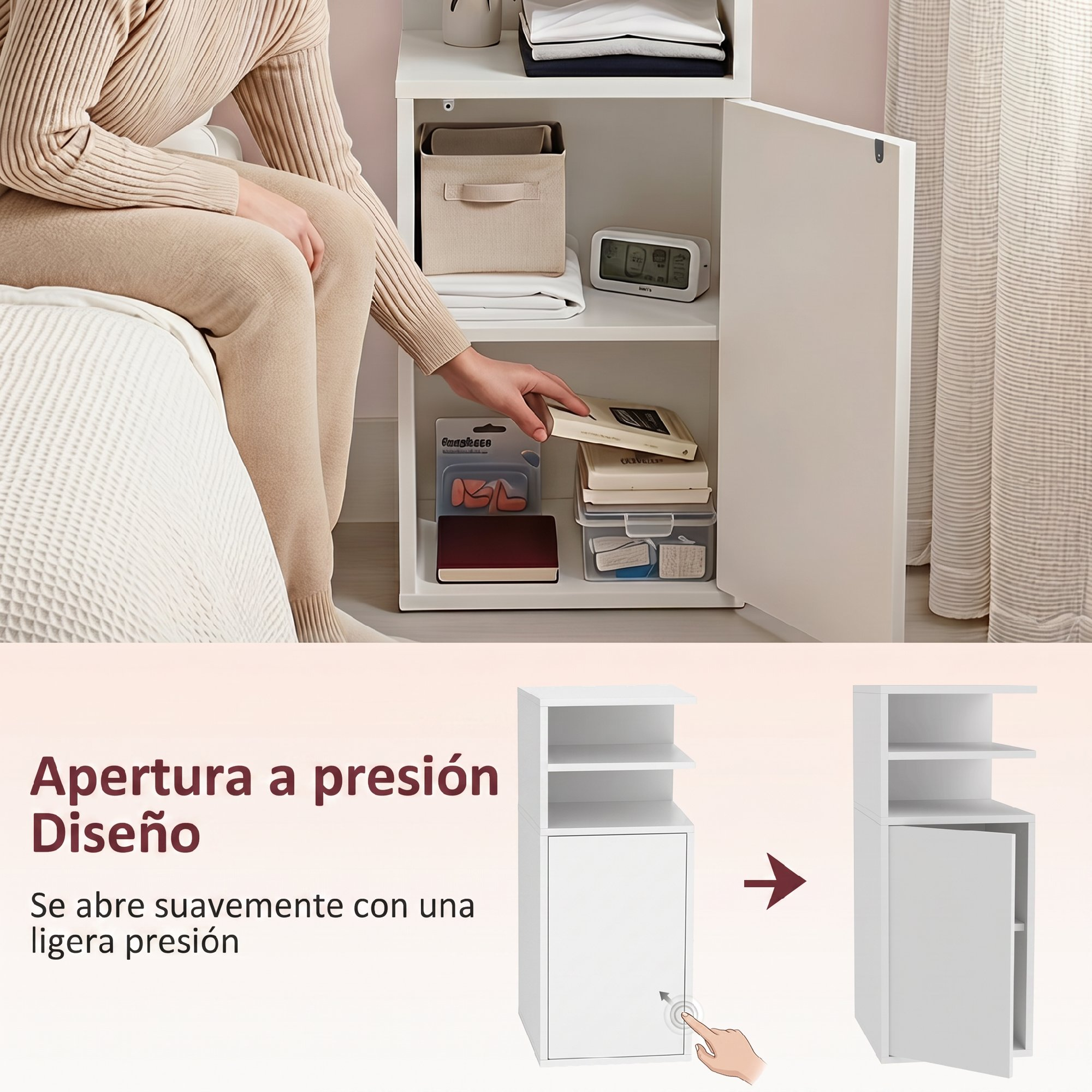 Una persona está sentada en la cama abriendo un pequeño armario blanco.