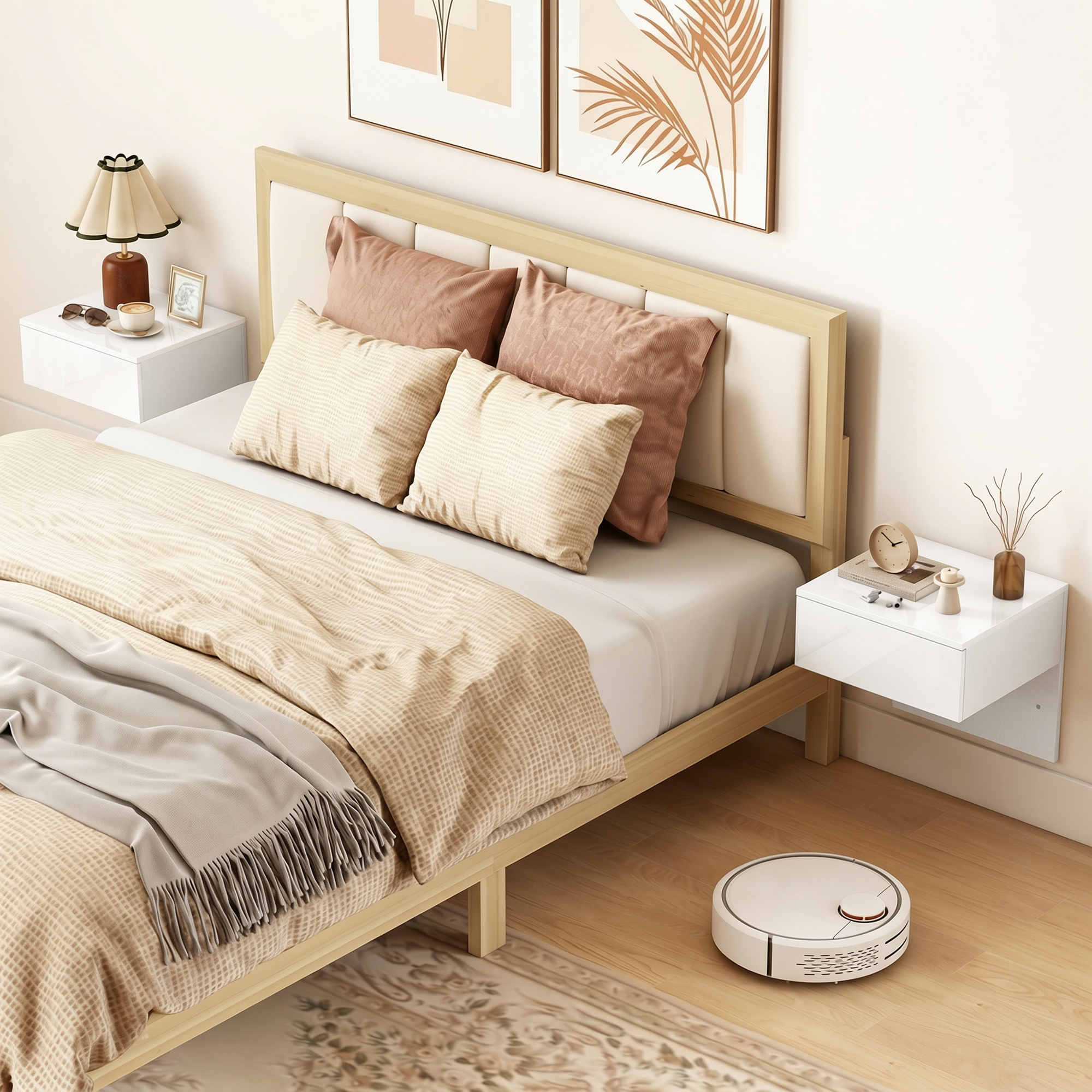 Dormitorio luminoso con cama de madera, cojines, estantes y robot aspirador en el suelo.