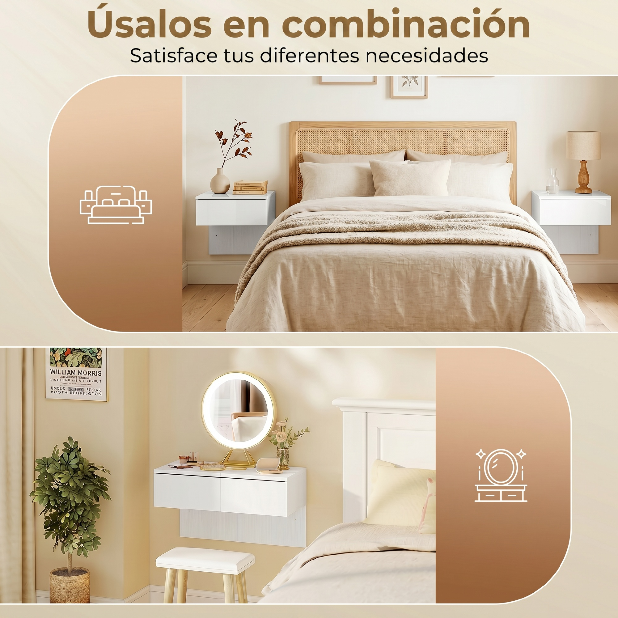 Muebles de dormitorio modernos con una cama, mesitas de noche y un tocador con luz.
