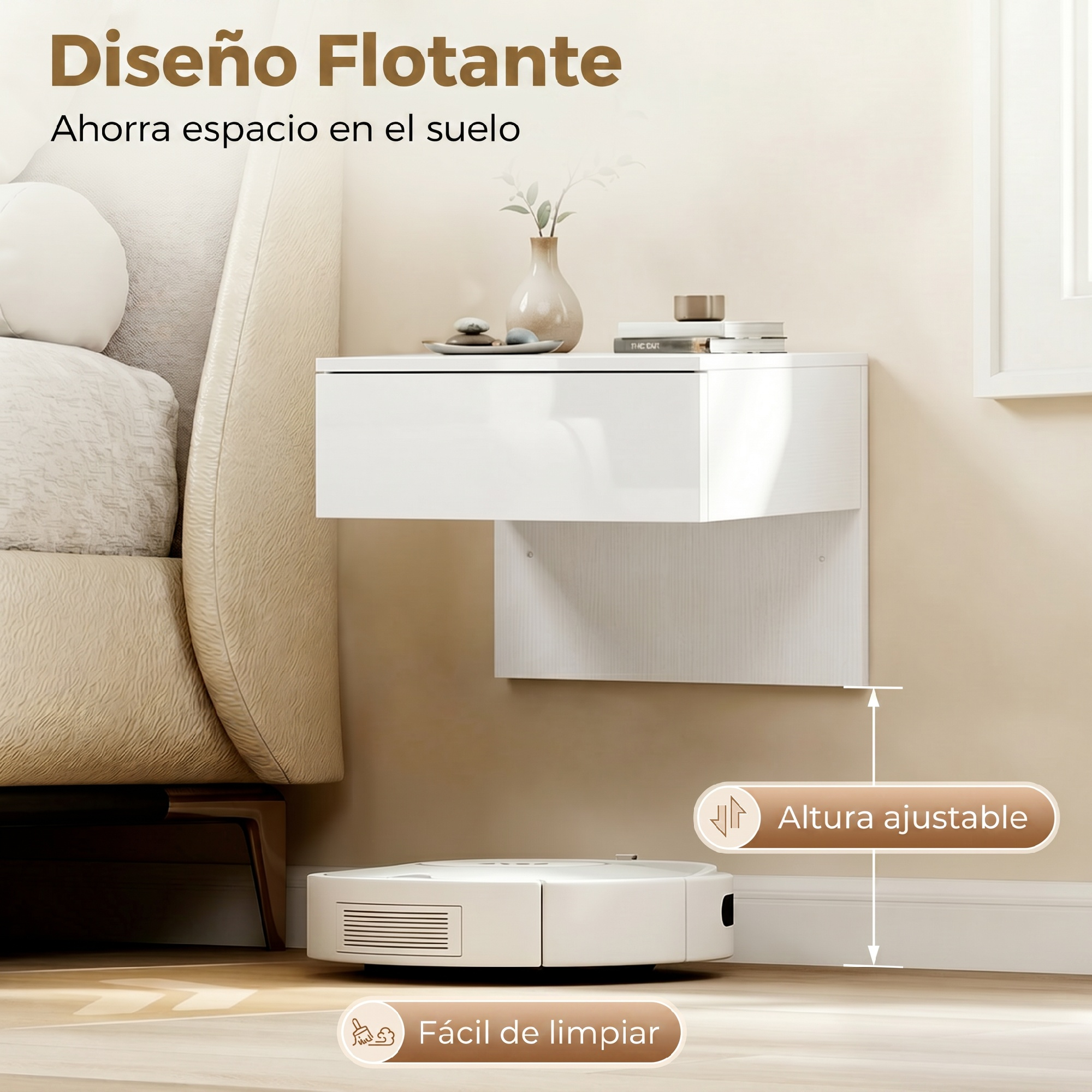 Mesita de noche flotante en un dormitorio, con un robot aspirador debajo y texto en español.