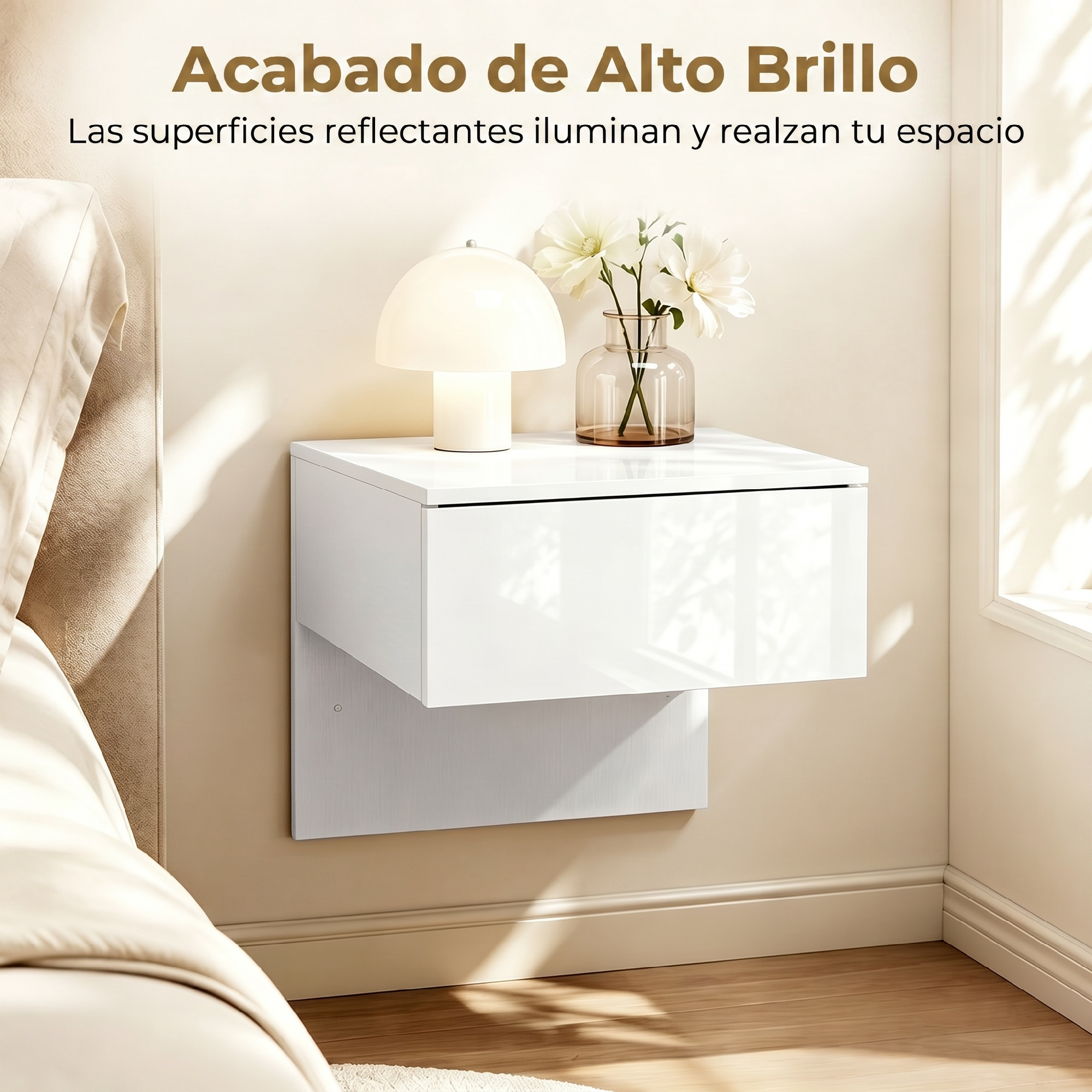 Una mesita de noche flotante blanca y brillante con una lámpara y un jarrón, montada junto a una cama.