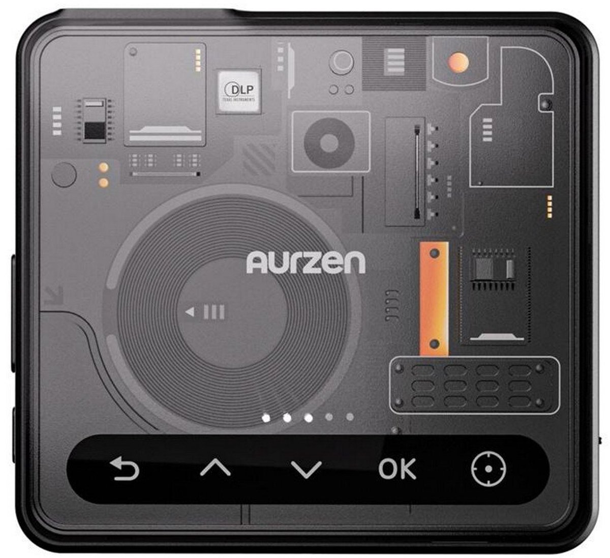 Un dispositivo Aurzen nero quadrato con cover trasparente e pulsanti di controllo.
