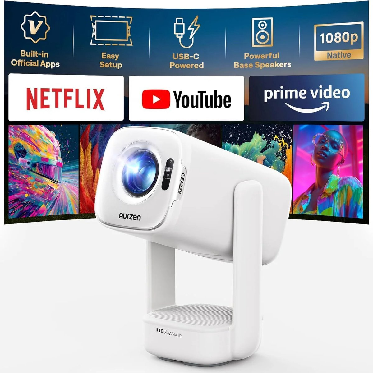 Un proiettore Aurzen bianco con supporto davanti a uno schermo colorato con loghi di app.