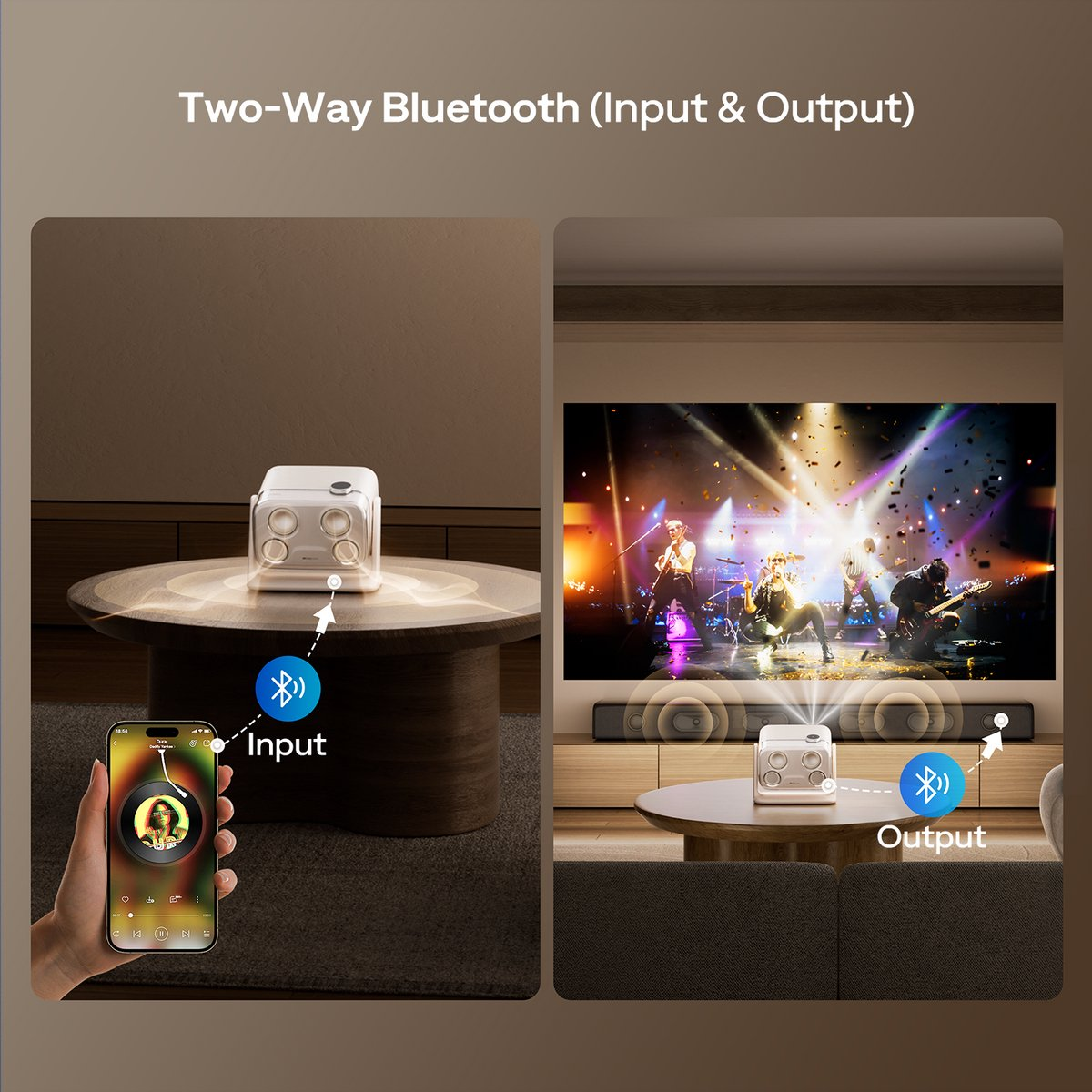La funzione Bluetooth bidirezionale di un proiettore mostra l'ingresso audio dallo smartphone e l'uscita alla soundbar.