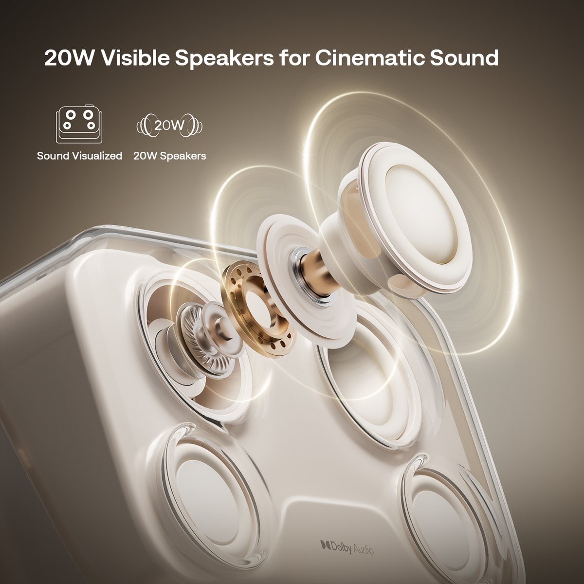 Diagramma esploso di un dispositivo con quattro altoparlanti da 20W visibili, onde sonore luminose e Dolby Audio.