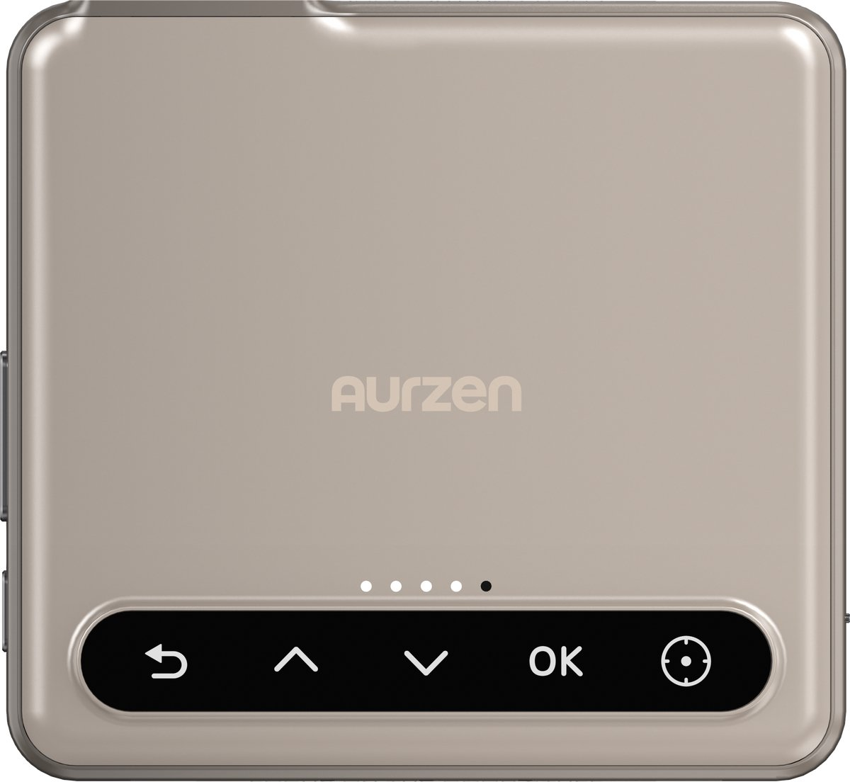 Dispositivo Aurzen dorato con barra di controllo touch in basso e punti sopra.