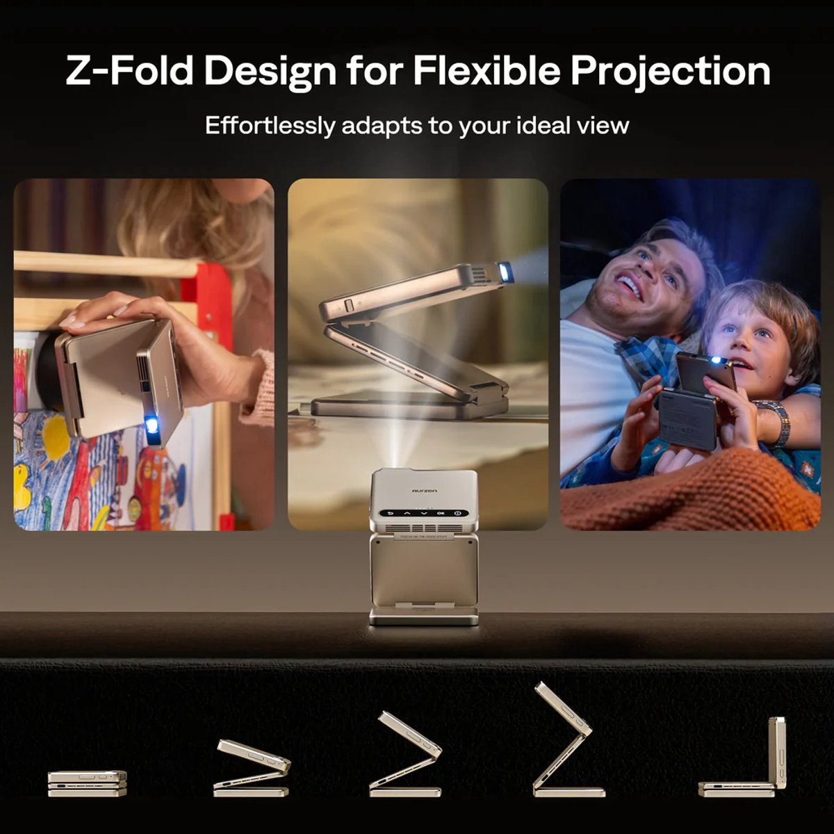 Design Z-Fold di un proiettore portatile mostrato da varie angolazioni e casi d'uso.
