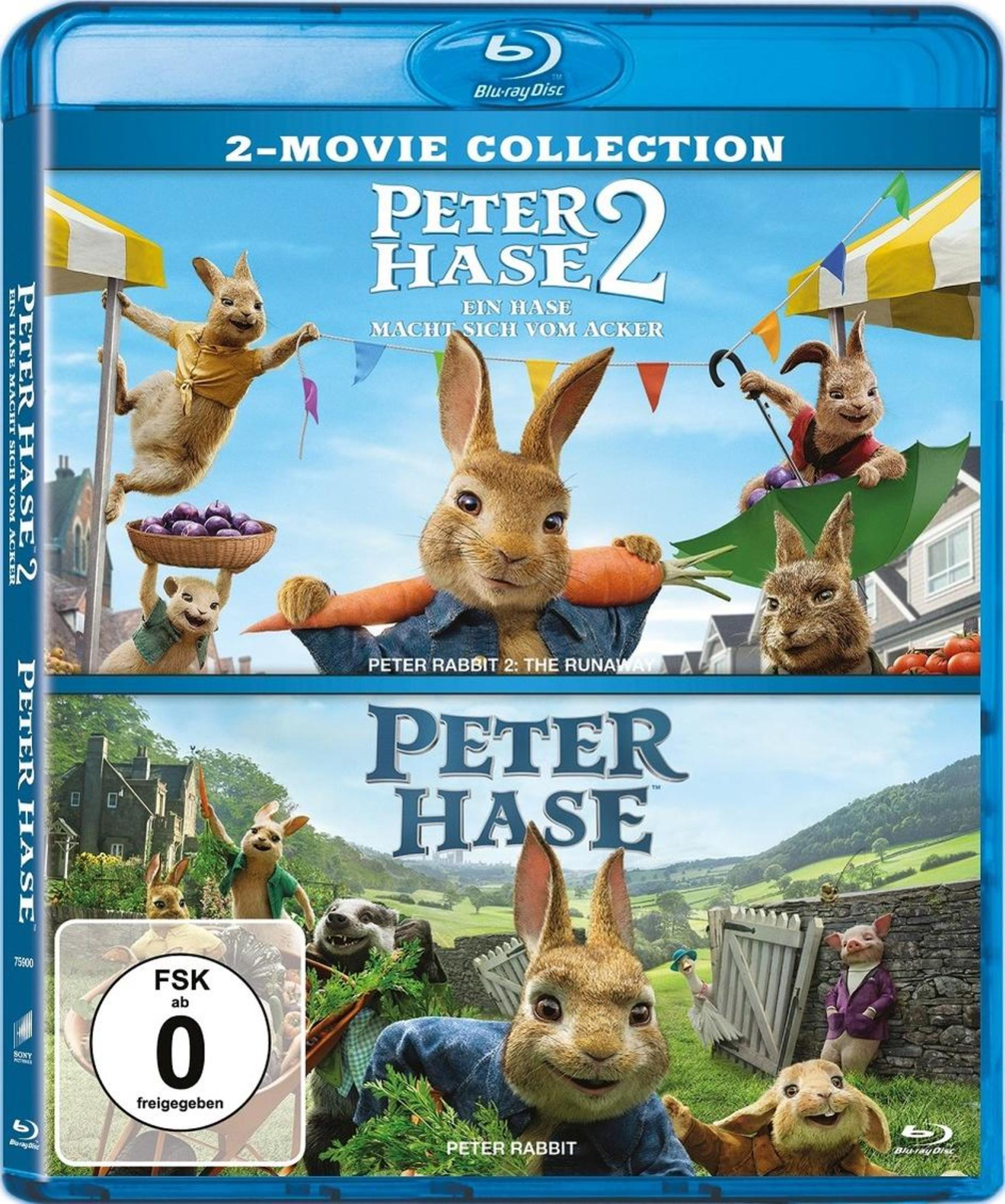 Blu-ray-Hülle mit zwei Peter Rabbit Filmen, die verschiedene Hasen und andere Tiere in einer bunten Landschaft zeigen.