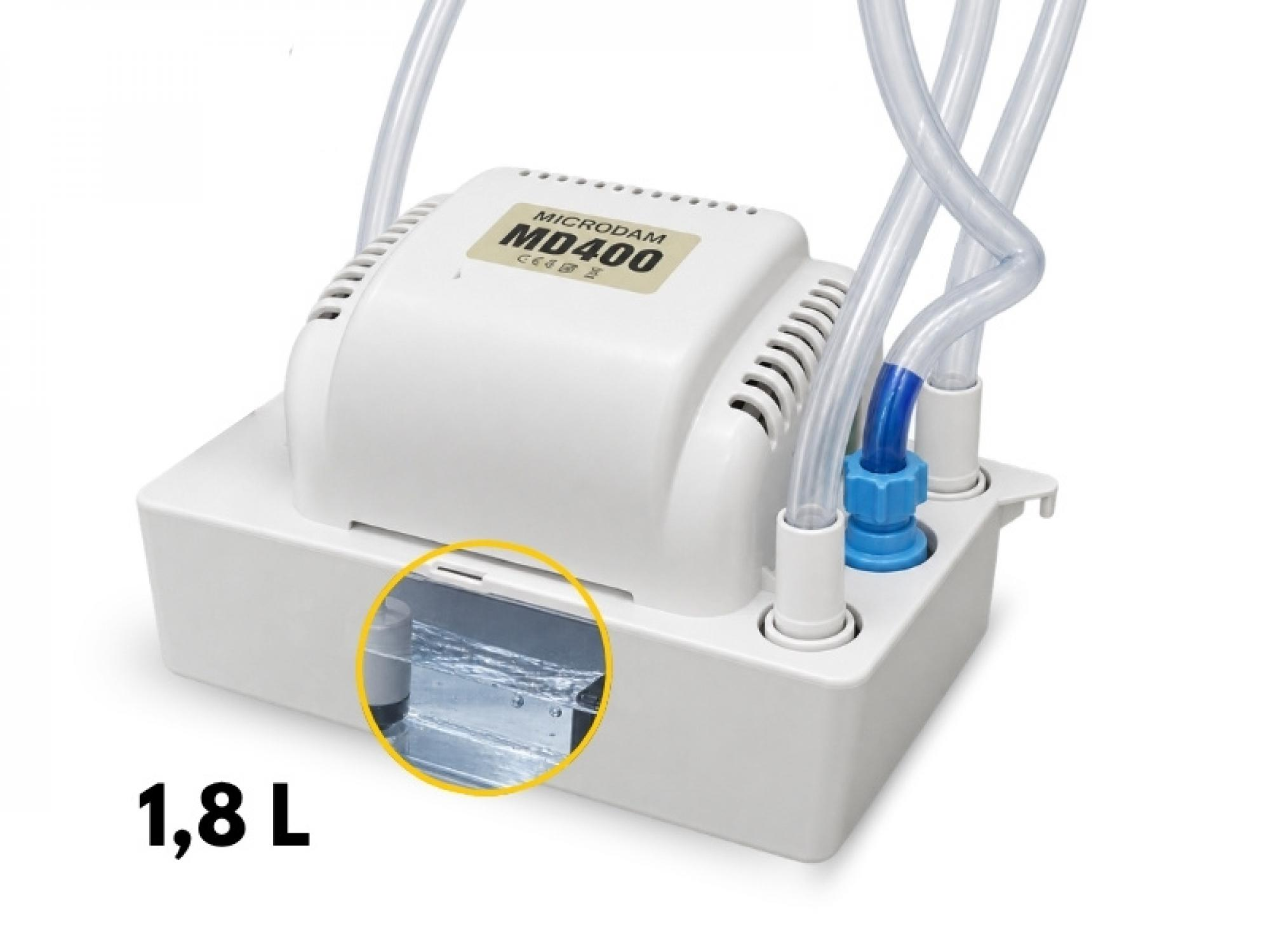 Una pompa per condensa bianca Microdam MD400 con tubi trasparenti e un cerchio che mostra l'acqua nel serbatoio da 1,8L.