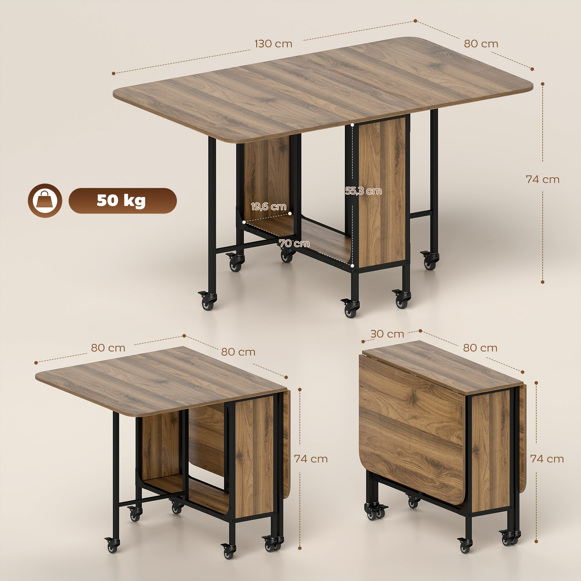 Una mesa de madera plegable con estructura metálica negra y ruedas muestra dimensiones en tres configuraciones.