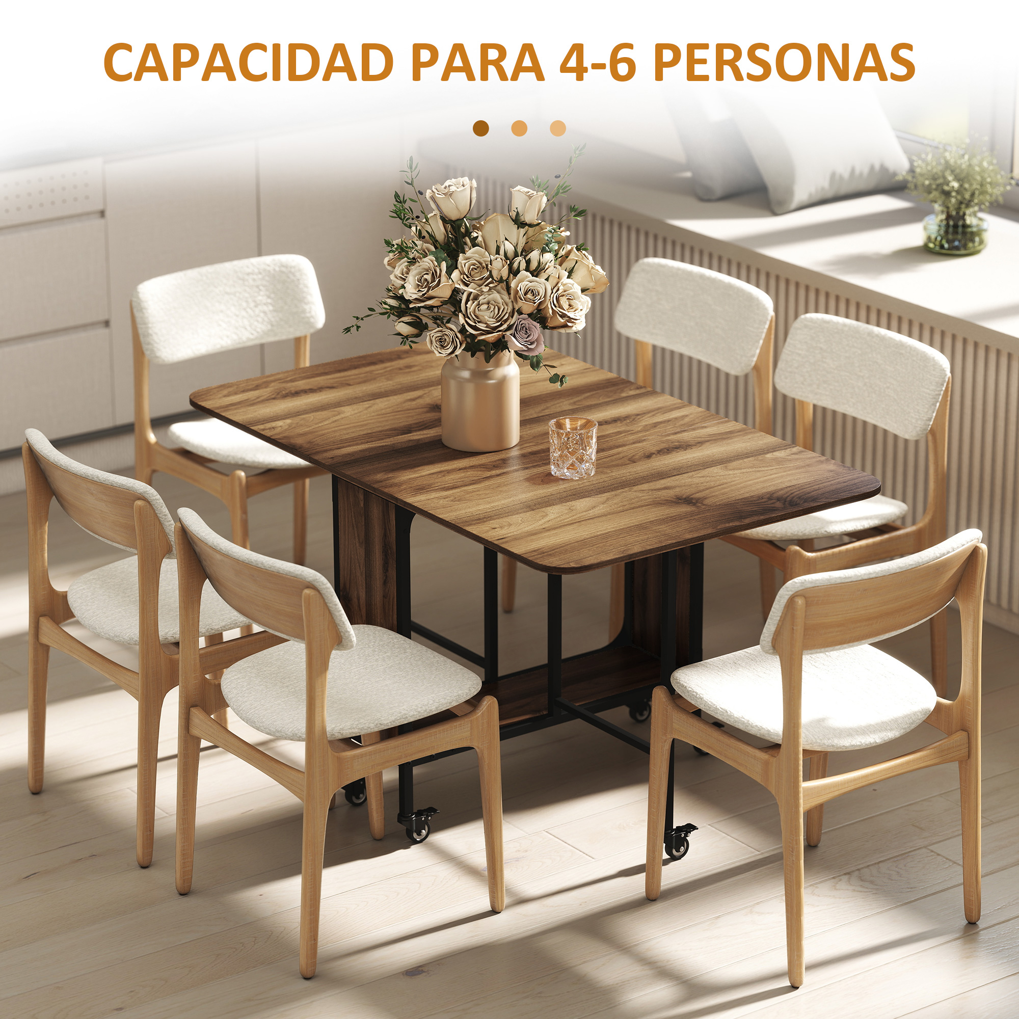 Una mesa de comedor de madera con seis sillas, un florero y texto en español arriba.