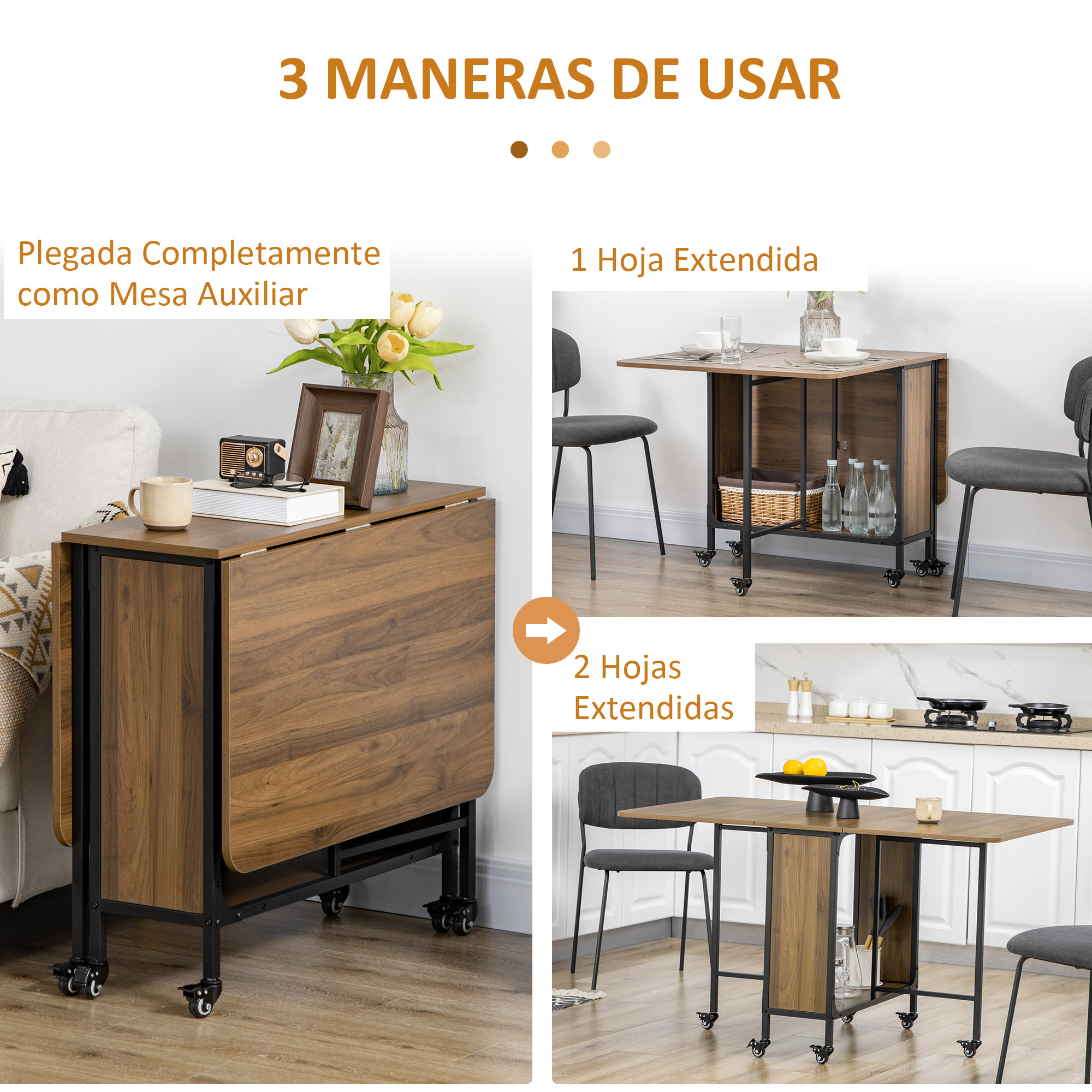 Mesa de madera plegable con ruedas mostrada como mesa auxiliar y con una o dos hojas.