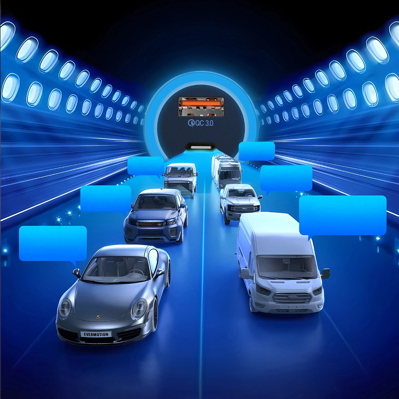 Auto guidano su una strada blu con luci e una porta USB sullo sfondo.