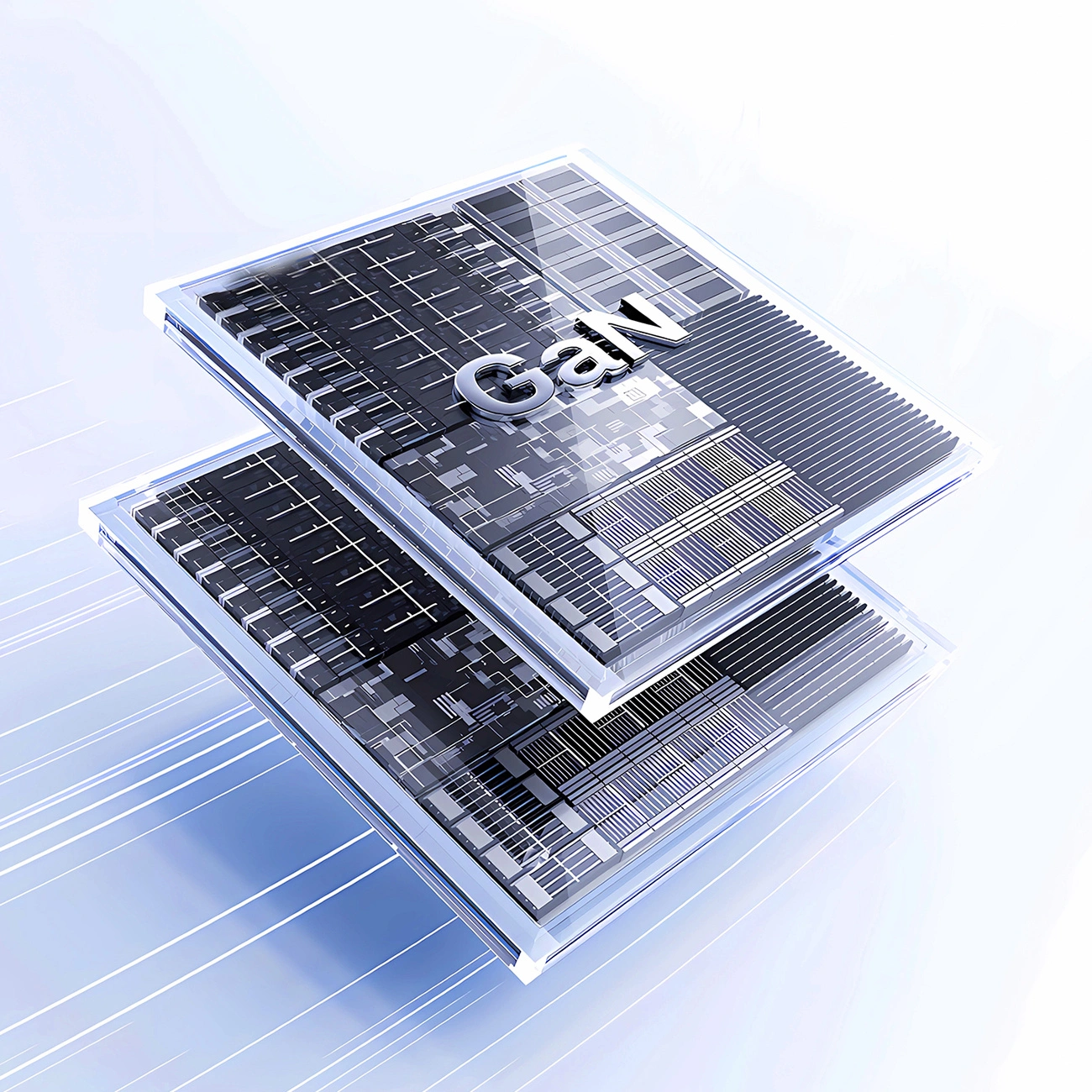 Due microchip GaN impilati con circuiti intricati sotto strati trasparenti, visti dall'alto su sfondo blu.
