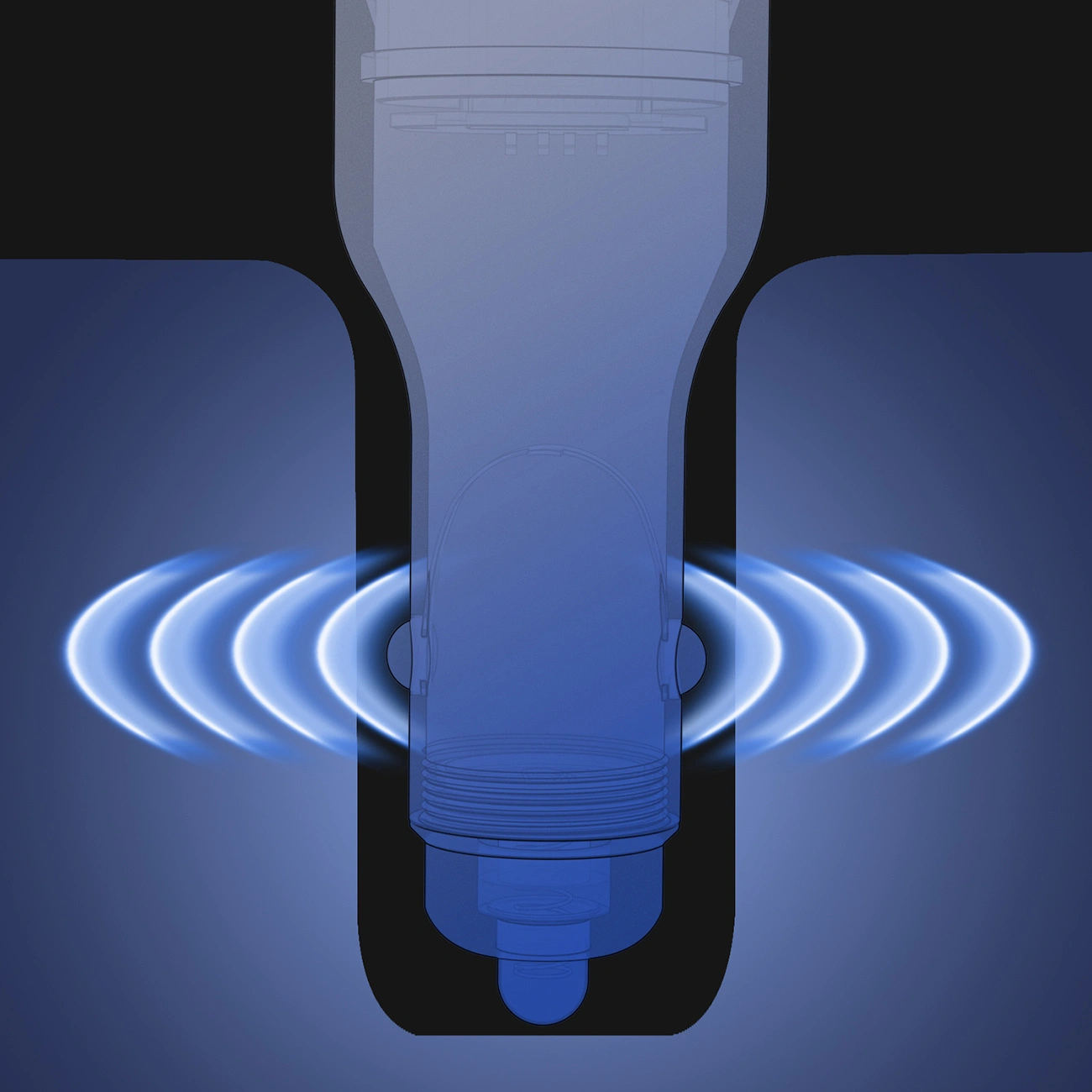 Illustrazione tecnica blu di un dispositivo elettronico che emette onde sonore su sfondo scuro.
