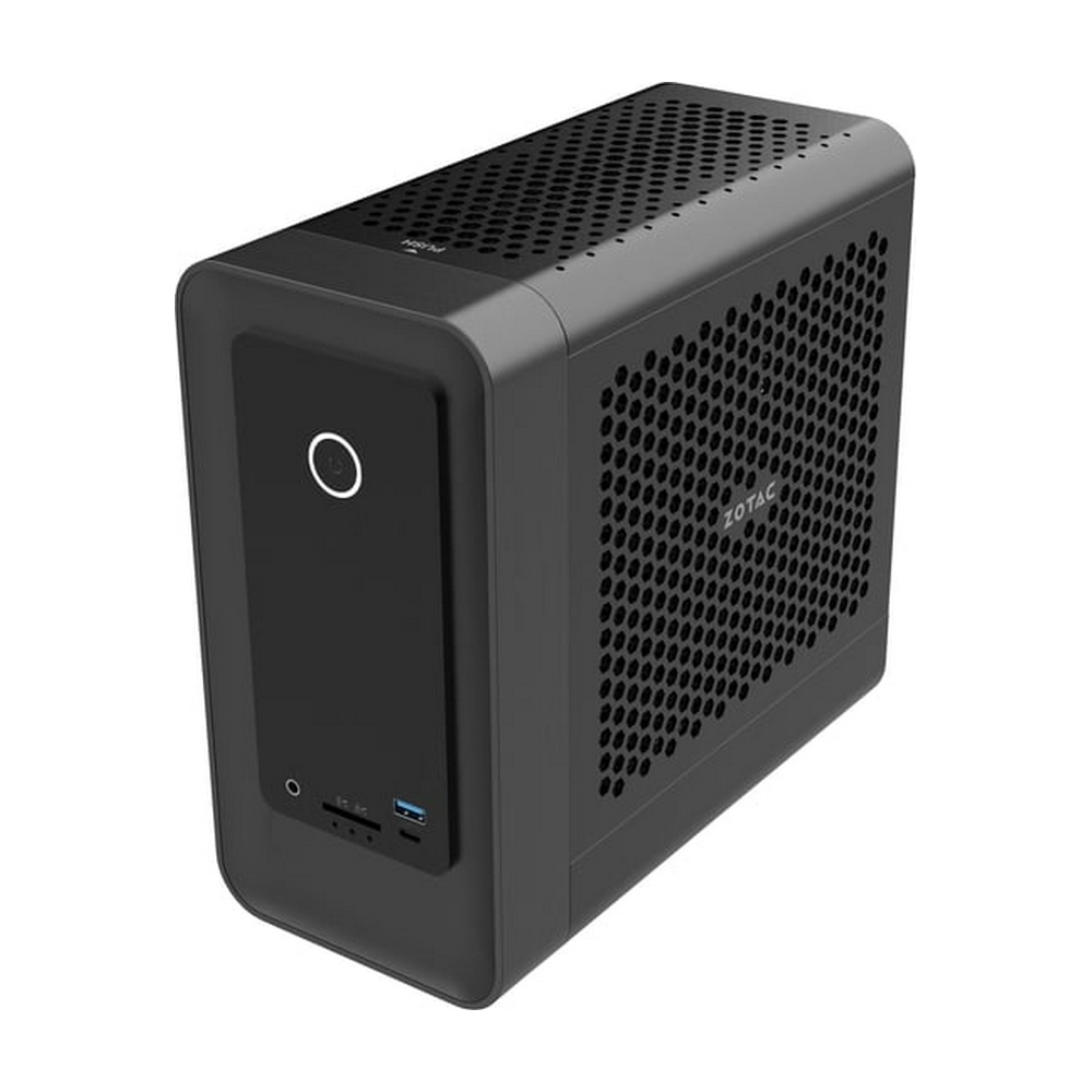 Case per computer ZOTAC nero con pannelli laterali perforati e pulsante di accensione rotondo.