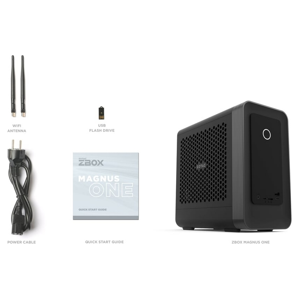 Mini PC ZOTAC ZBOX Magnus One con antenne, chiavetta USB, cavo di alimentazione e manuale.