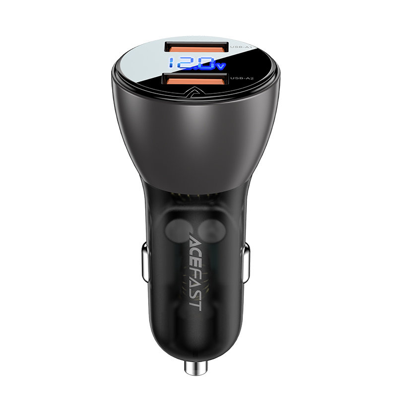 Caricabatterie per auto Acefast nero con due porte USB e display digitale della tensione.