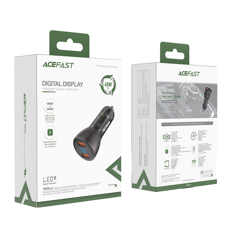 Confezione di un caricabatteria per auto in metallo Acefast da 45 W con display LED e due porte USB, su sfondo bianco e verde.