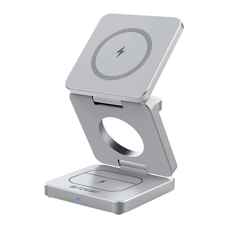 Un supporto di ricarica wireless pieghevole argentato con due pad e logo su sfondo bianco.