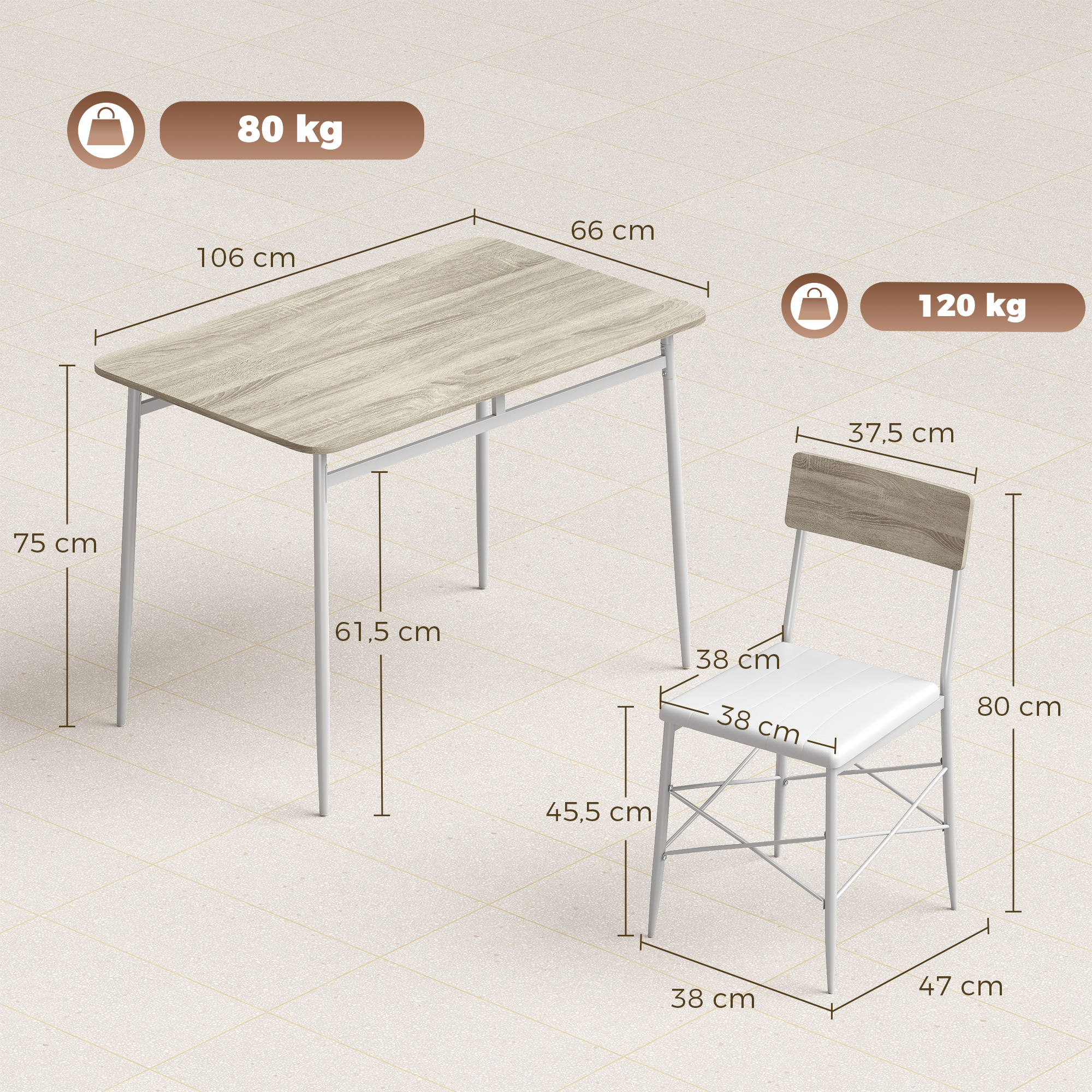 Mesa de madera y silla blanca con estructura metálica y dimensiones sobre fondo claro.