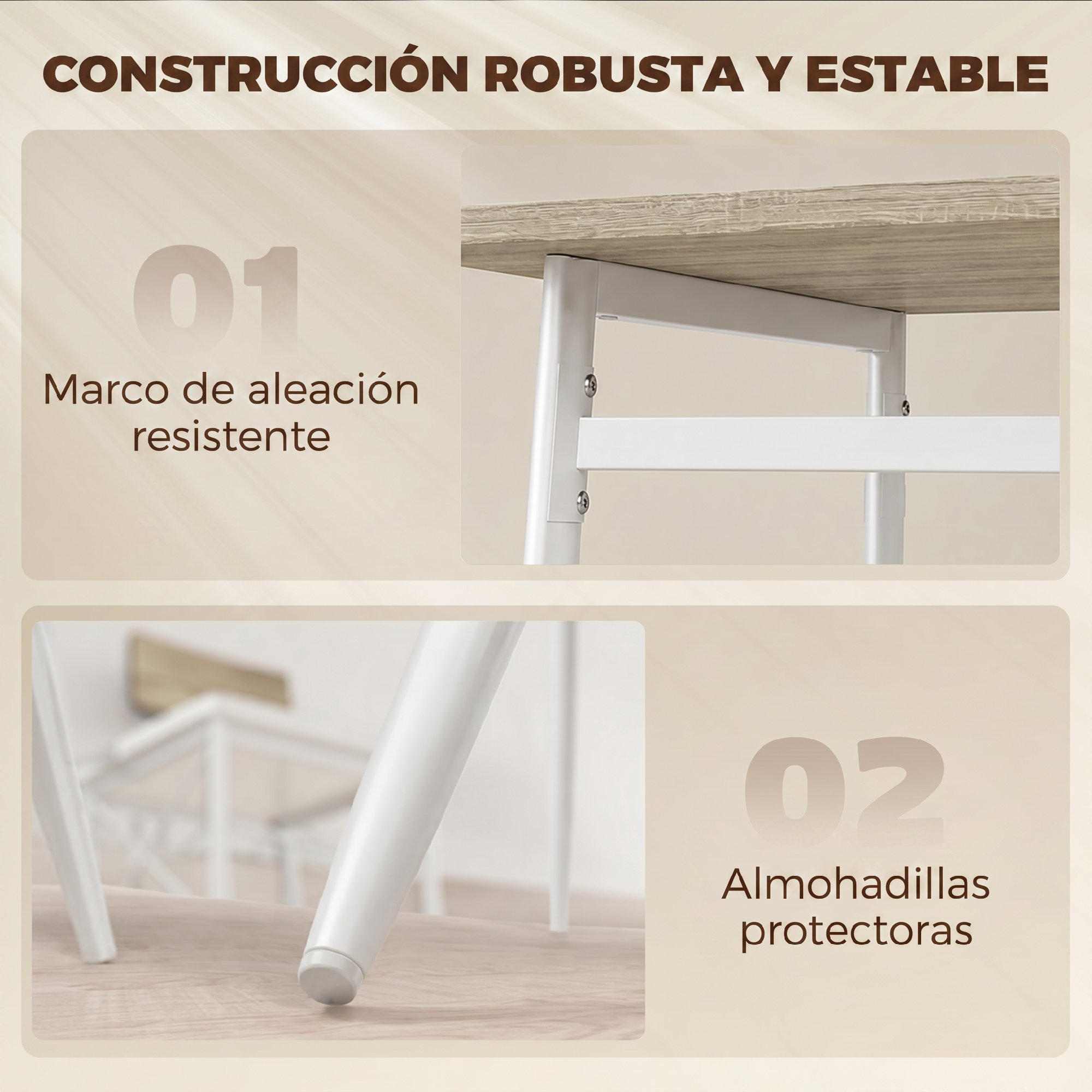 Marco de aleación resistente y almohadillas protectoras para una mesa estable.