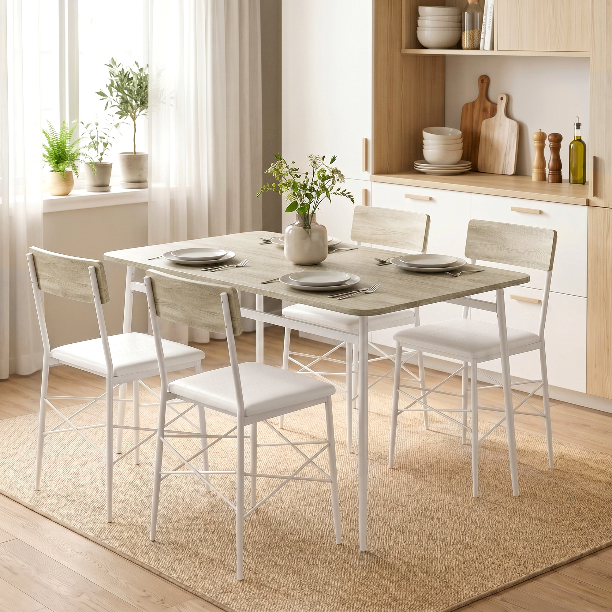 Una mesa de comedor de madera con cuatro sillas blancas sobre una alfombra en un comedor luminoso.