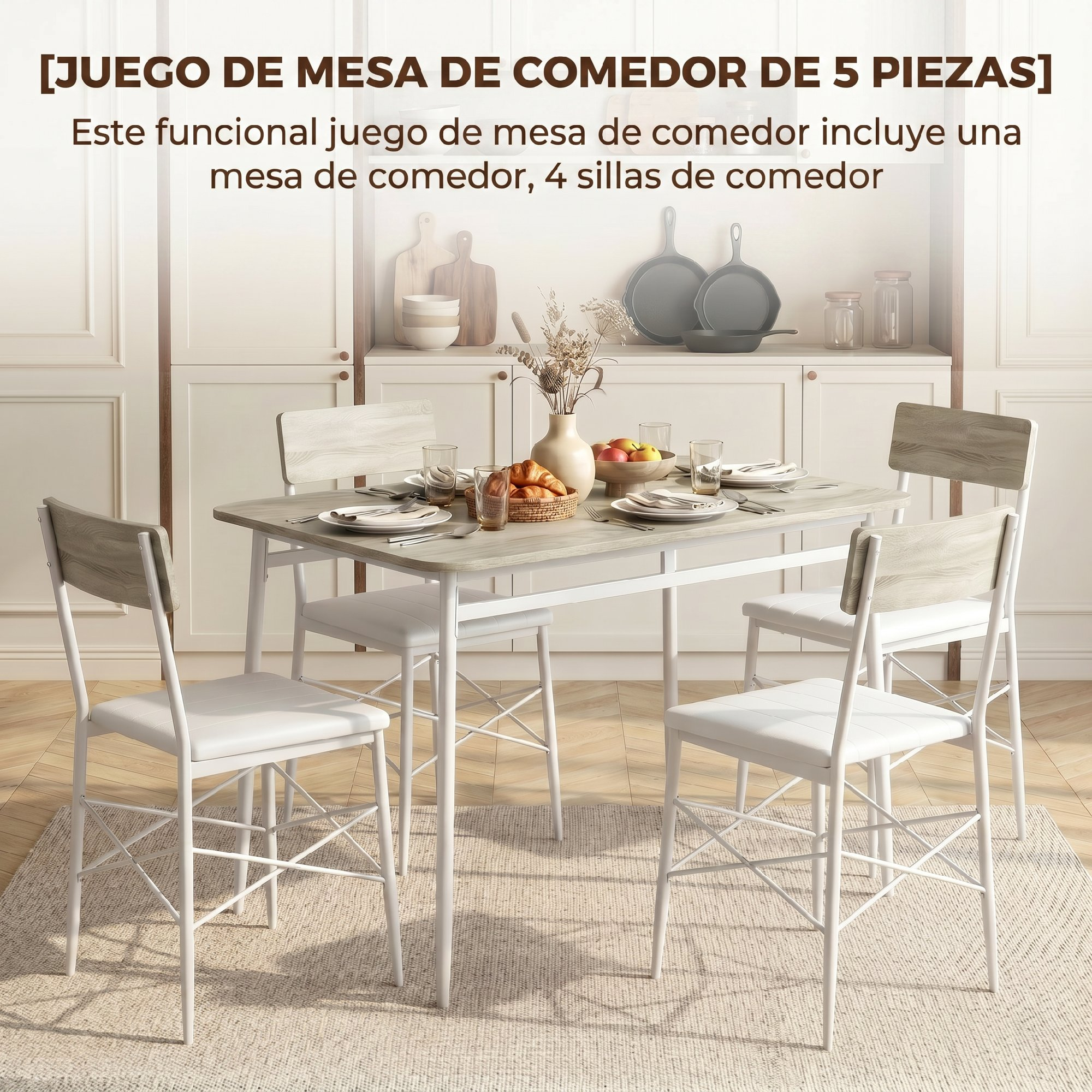 Un juego de comedor de 5 piezas con una mesa y cuatro sillas blancas en una cocina, con texto arriba.
