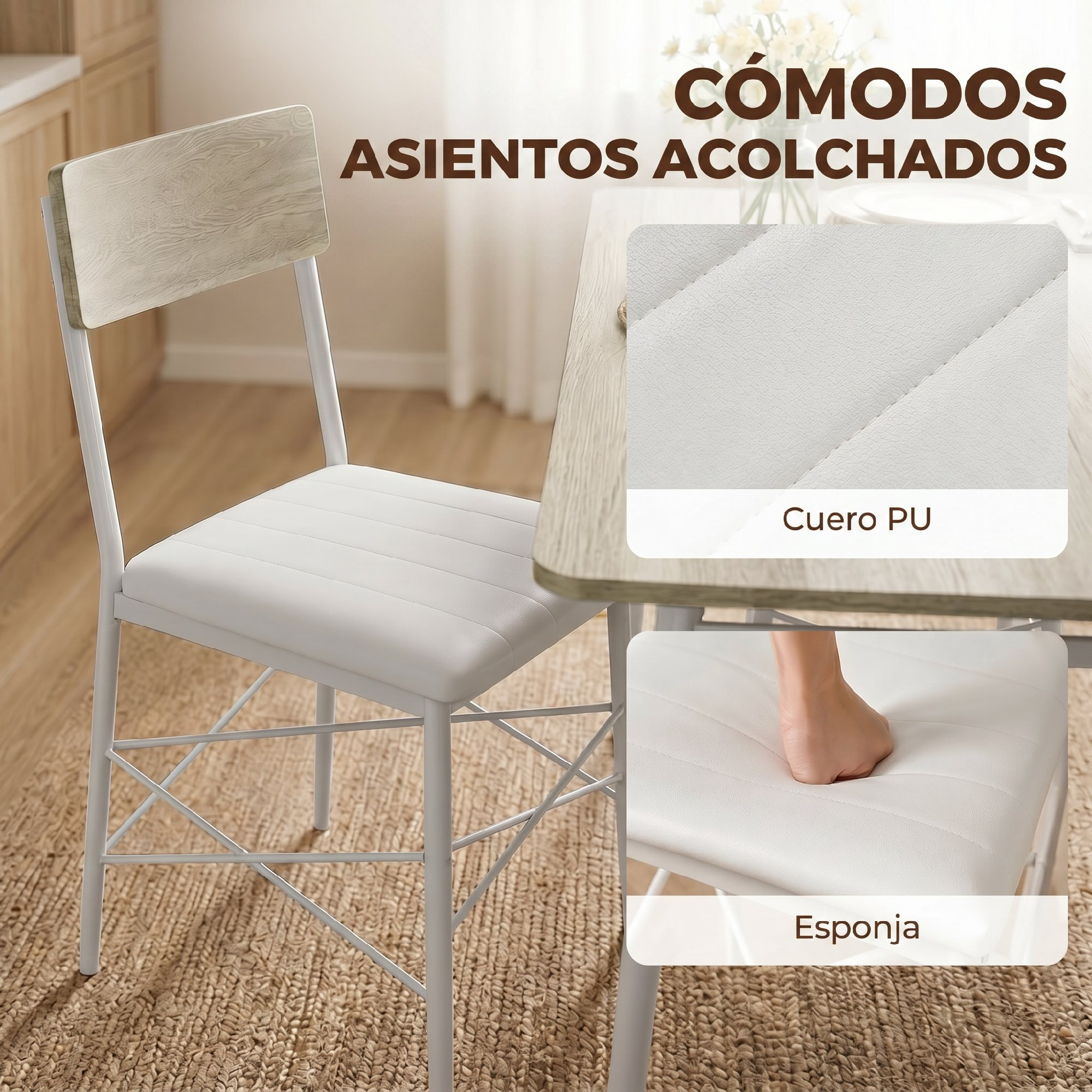 Una silla blanca con asiento acolchado de cuero PU y respaldo de madera junto a una mesa.