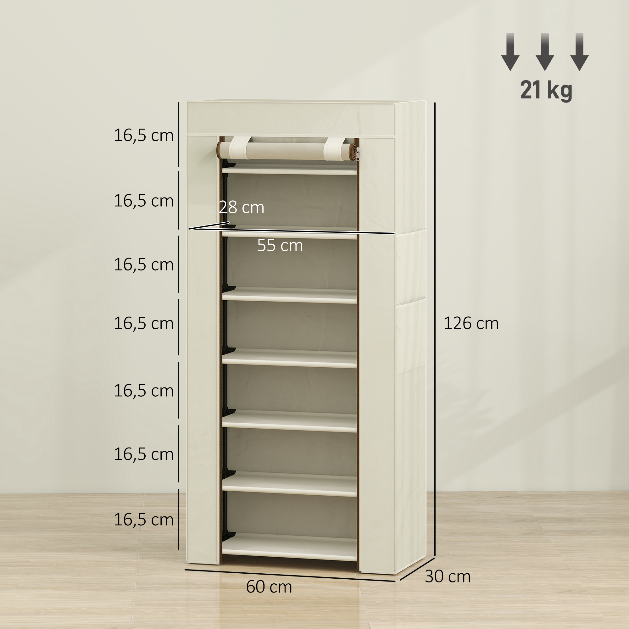 Zapatero de tela beis con siete estantes, mostrando dimensiones de altura, ancho y capacidad de 21 kg.