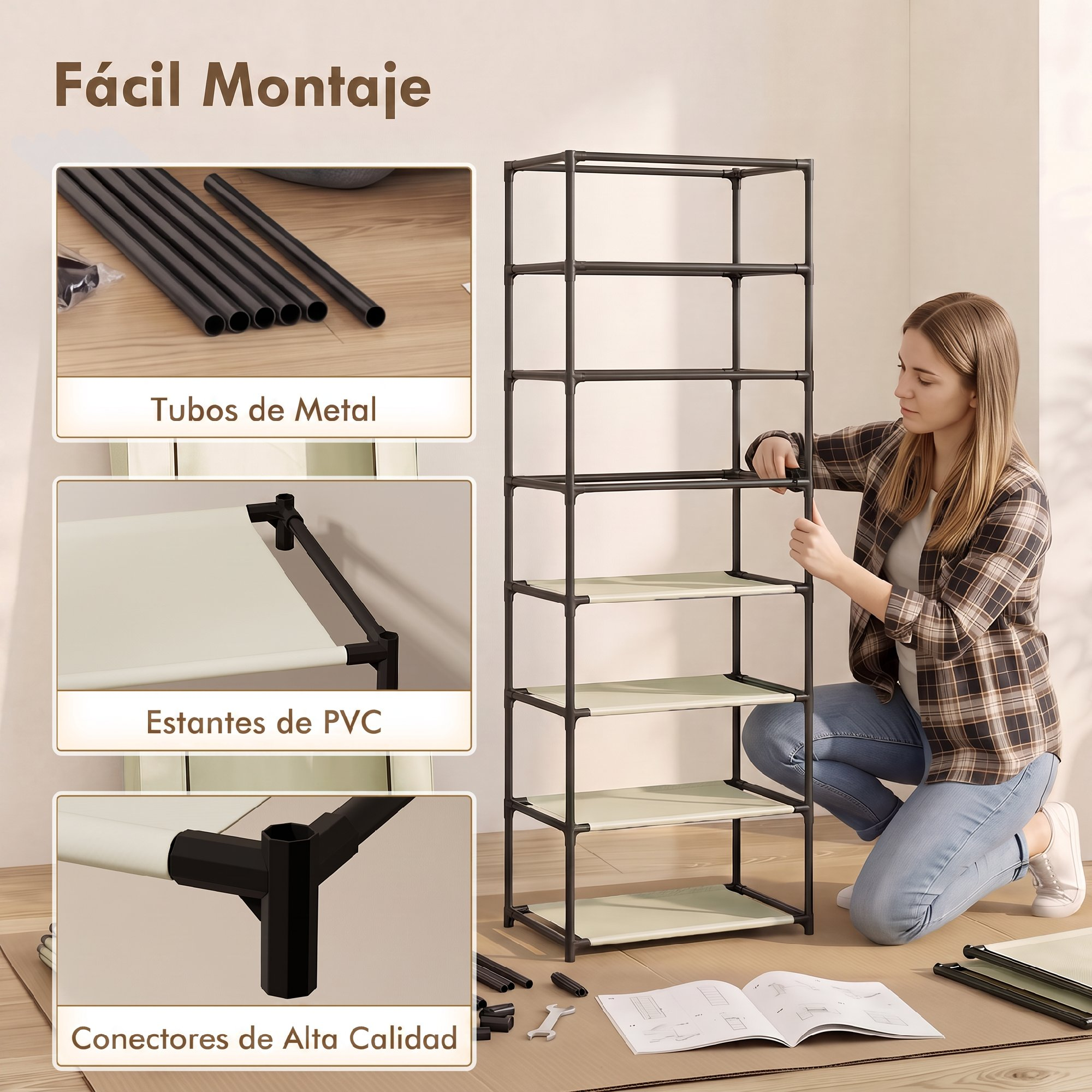 Una mujer monta una estantería metálica de varios pisos, con primeros planos de tubos, estantes de PVC y conectores.