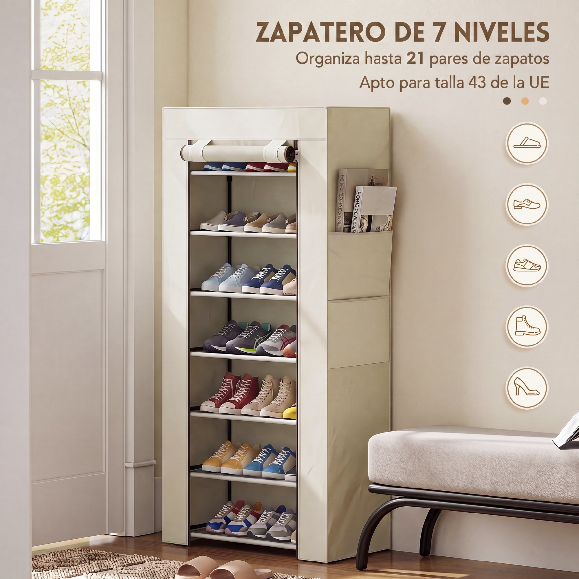 Un zapatero de tela beige de 7 niveles lleno de varios zapatos, en interior junto a un banco.