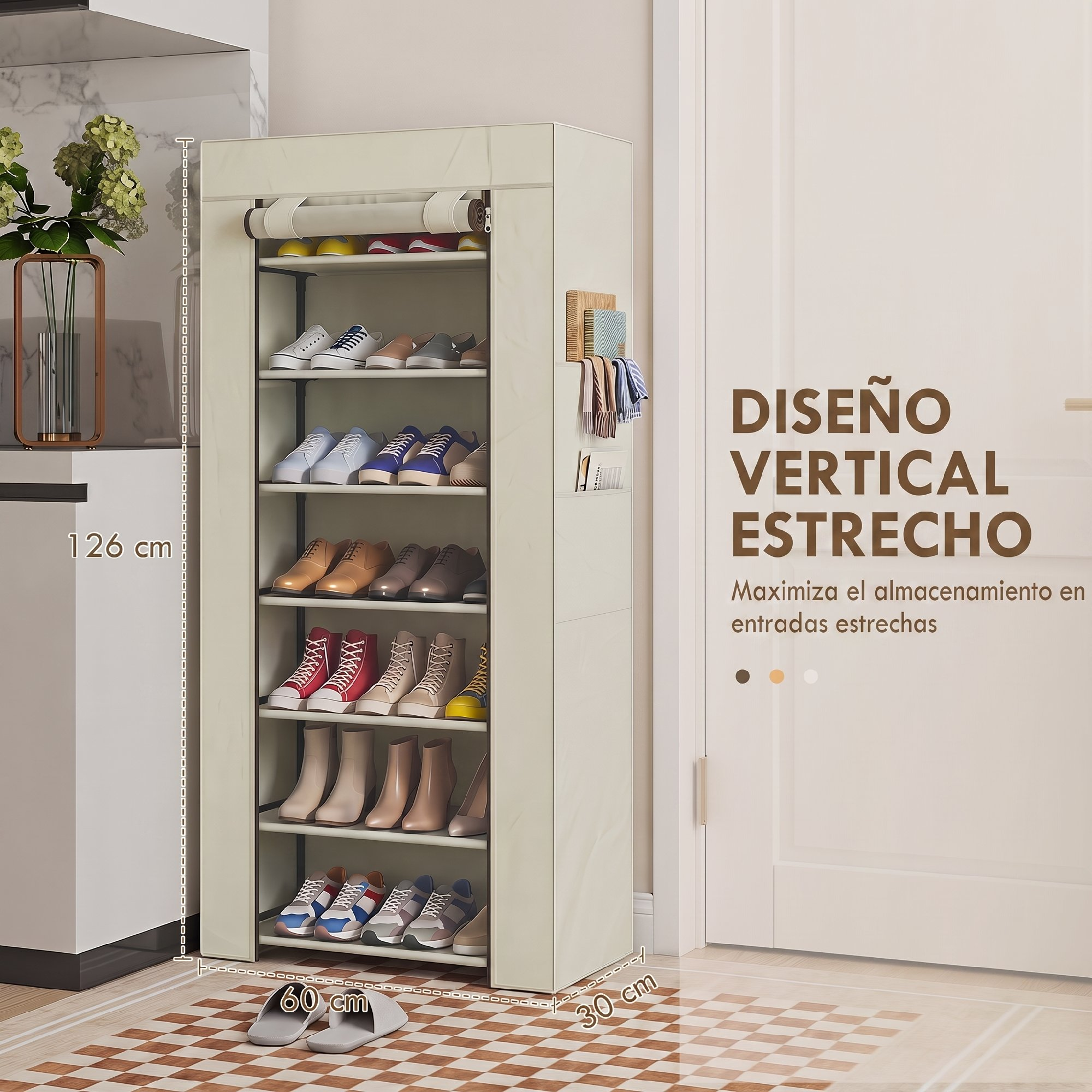 Un zapatero de tela beis se encuentra en un suelo ajedrezado junto a una puerta blanca.