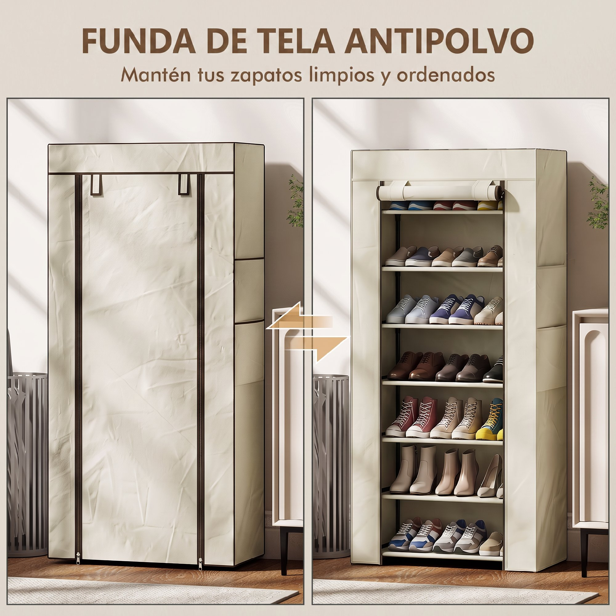 Zapatero de tela con cremallera, mostrado cerrado y abierto lleno de zapatos.