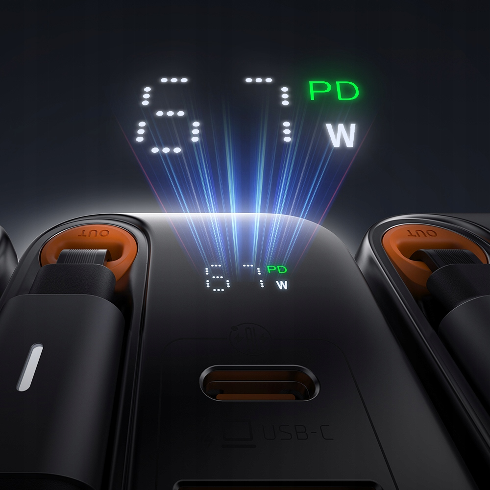 67W güç ve PD teknolojisini gösteren dijital LED ekranlı siyah USB-C şarj adaptörü.