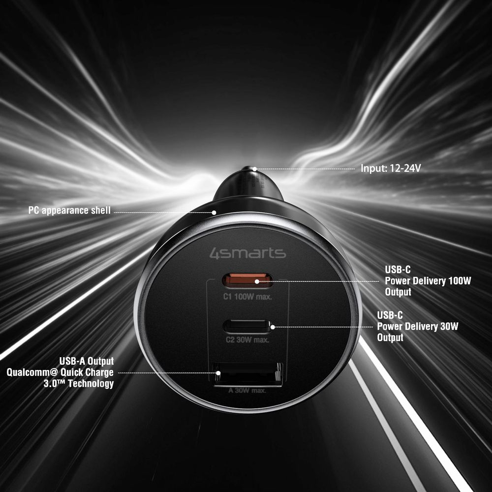 Caricabatterie per auto 4smarts nero con tre porte USB su sfondo luminoso e curvo.