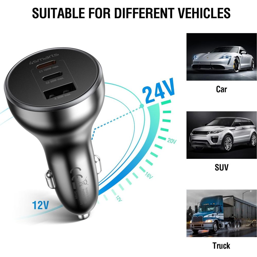 Un caricabatterie per auto argentato con tre porte USB, compatibile per auto, SUV e camion da 12V a 24V.