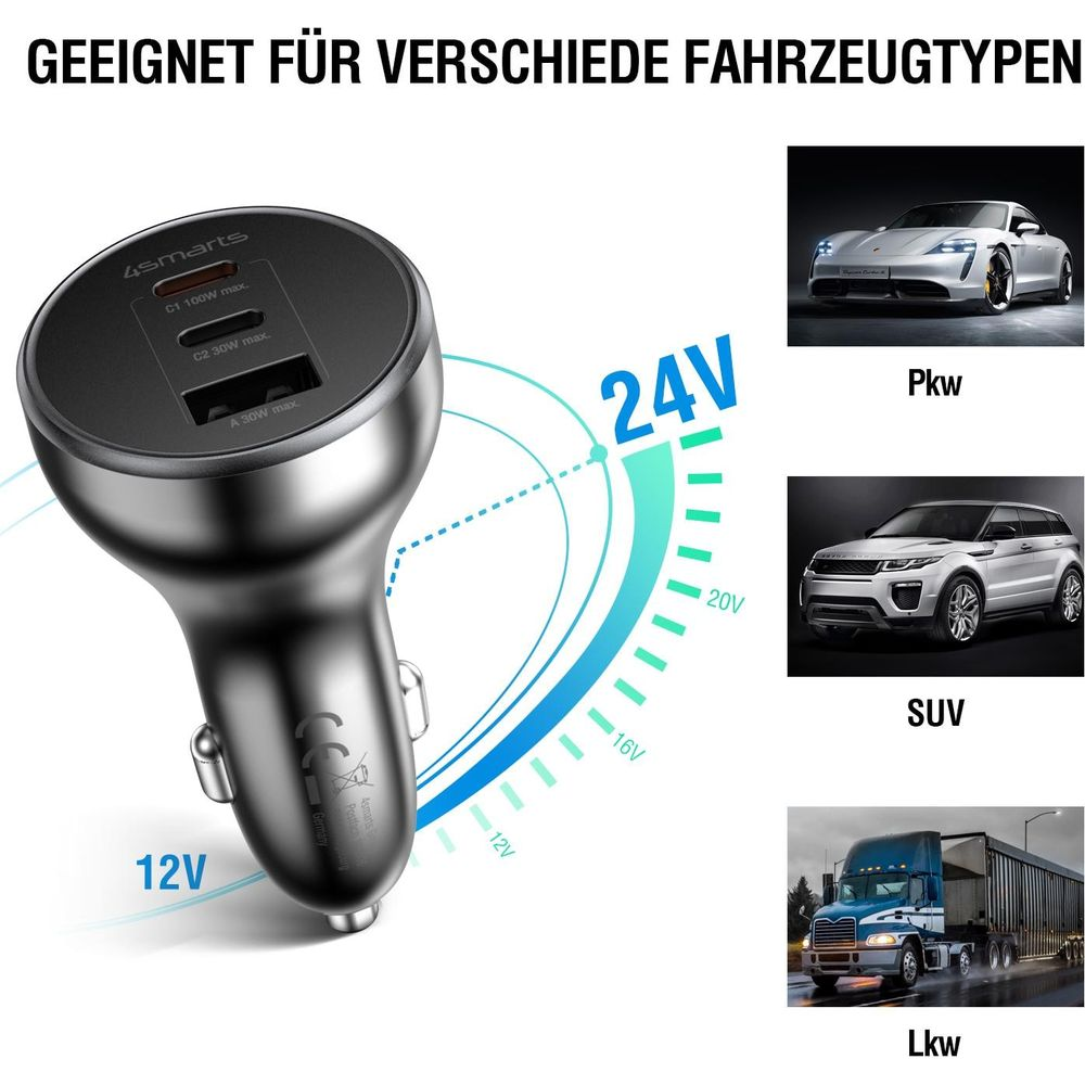 Un caricabatterie per auto USB nero con tre porte, adatto per auto, SUV e camion.