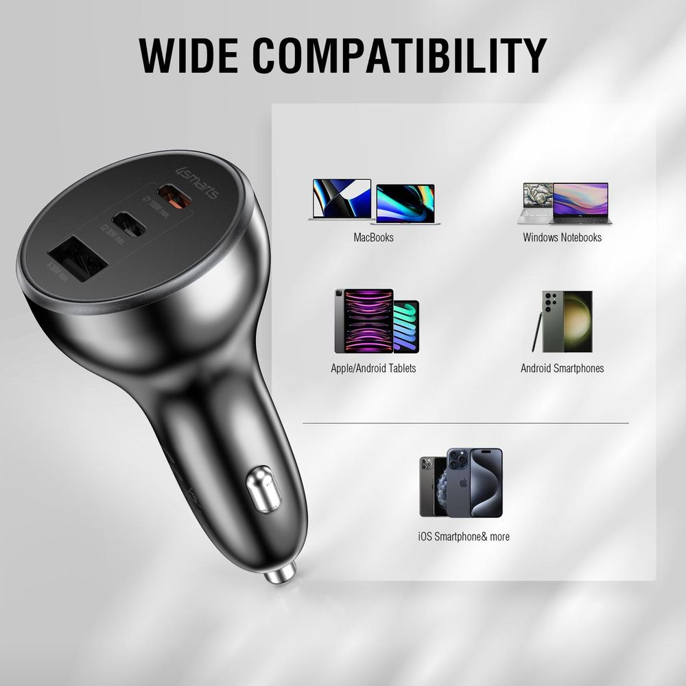 Un caricabatteria per auto 4smarts grigio con tre porte, compatibile con MacBooks, notebook e smartphone.