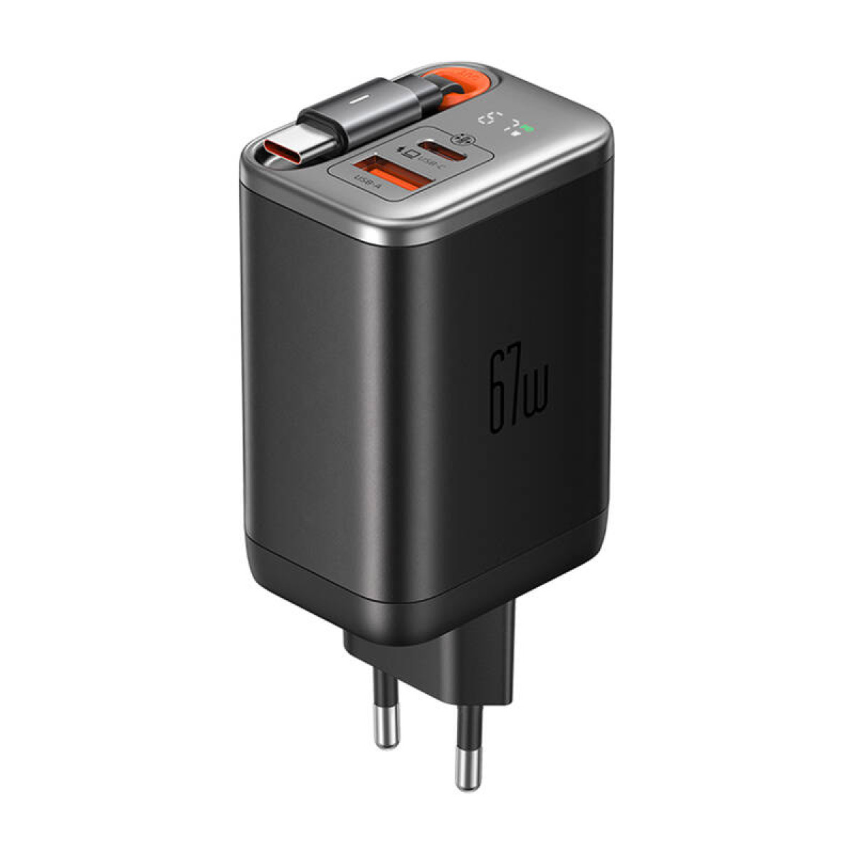 Caricatore da muro nero da 67W con più porte USB, display digitale e cavo USB-C retrattile.