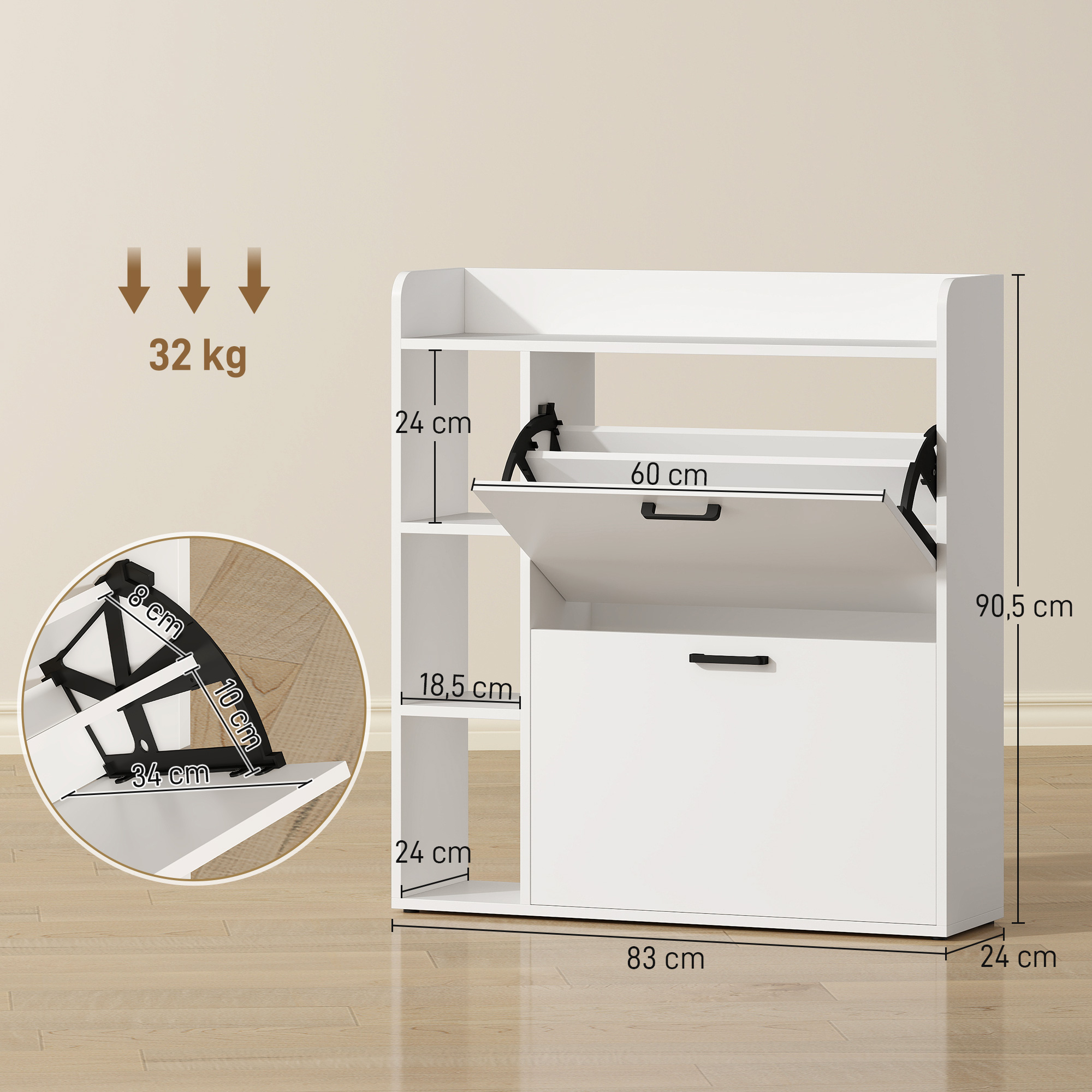 Zapatero blanco con dimensiones, estantes abiertos y puertas abatibles en suelo de madera.