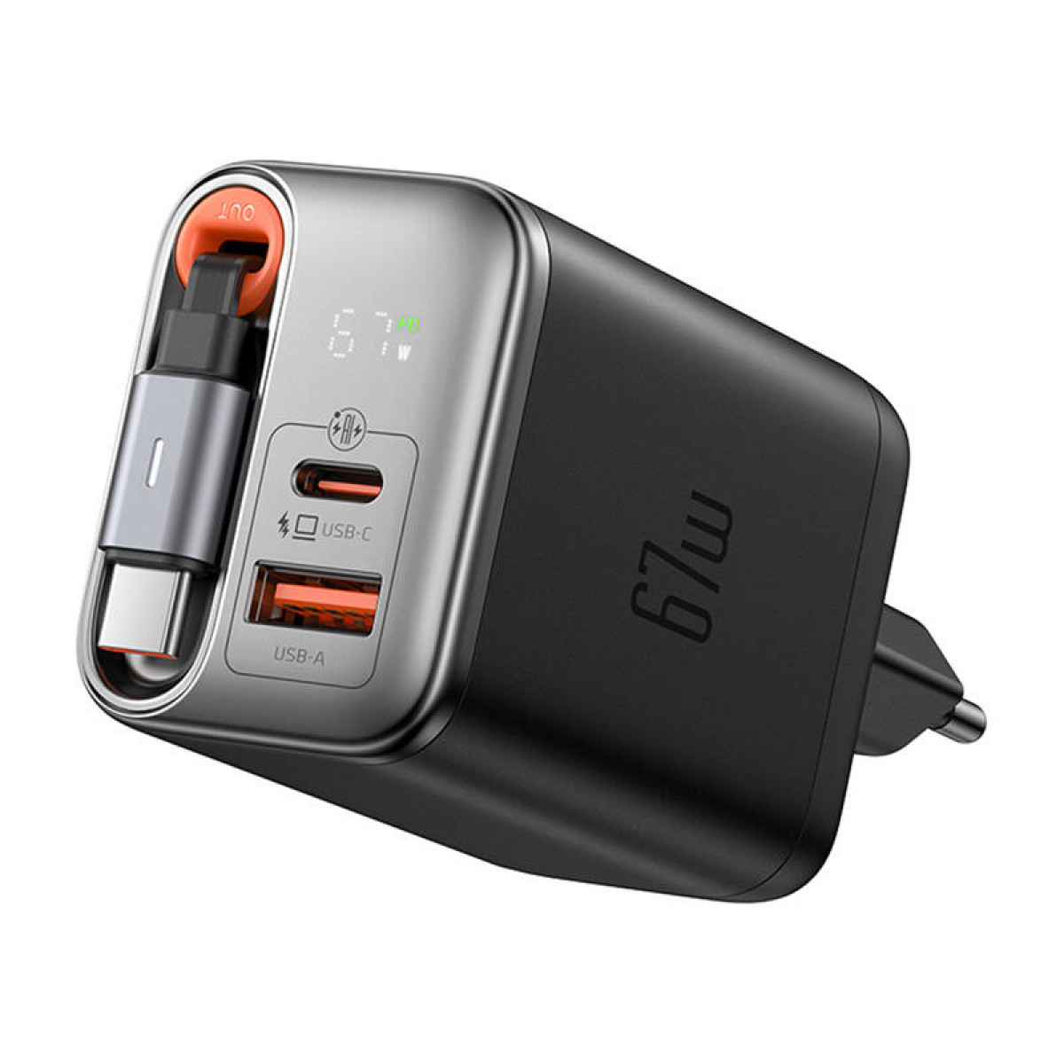 Un caricabatterie rapido nero e grigio da 67W con porte USB-C e USB-A, oltre a un cavo integrato.