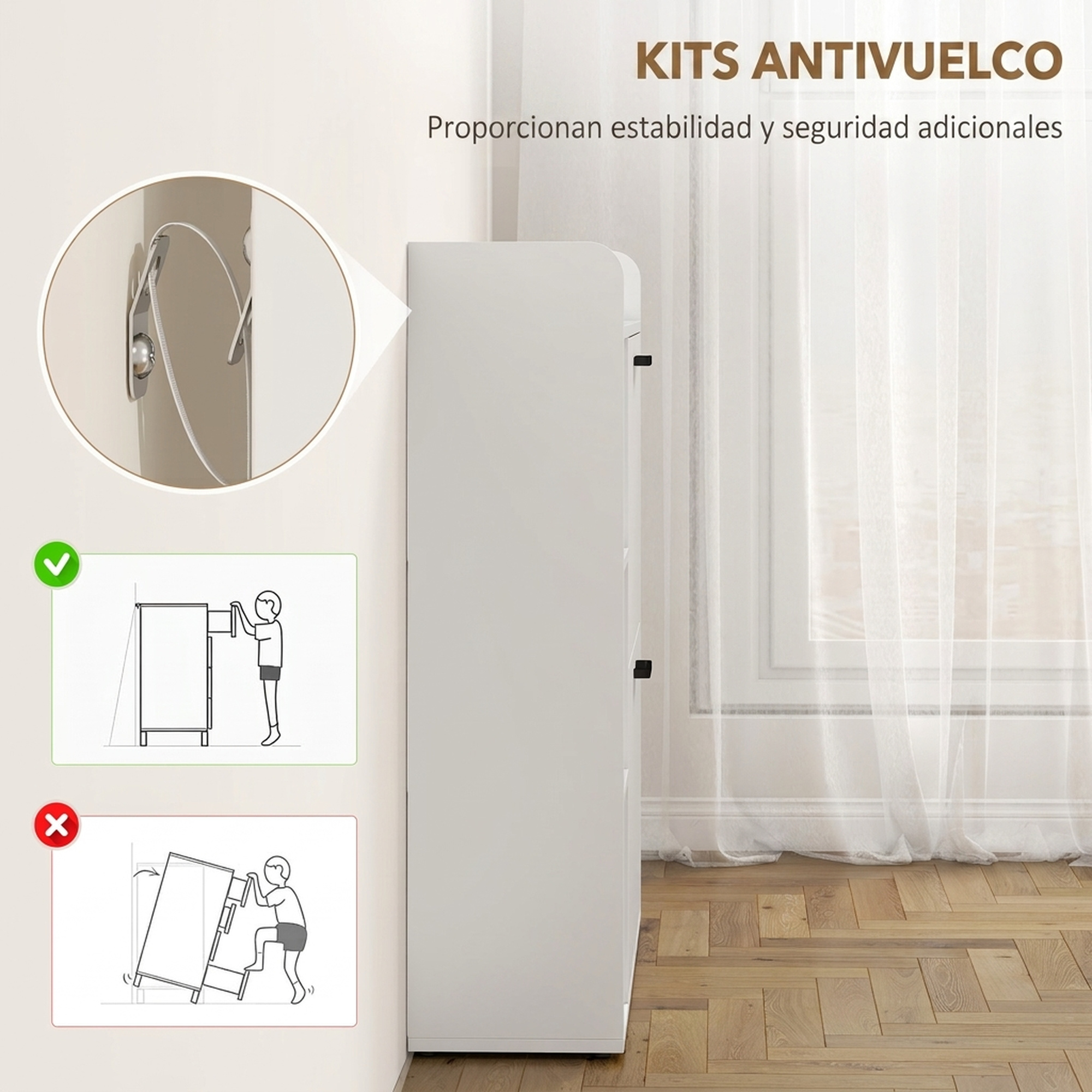 Kit antivuelco para muebles, proporcionando estabilidad y seguridad.