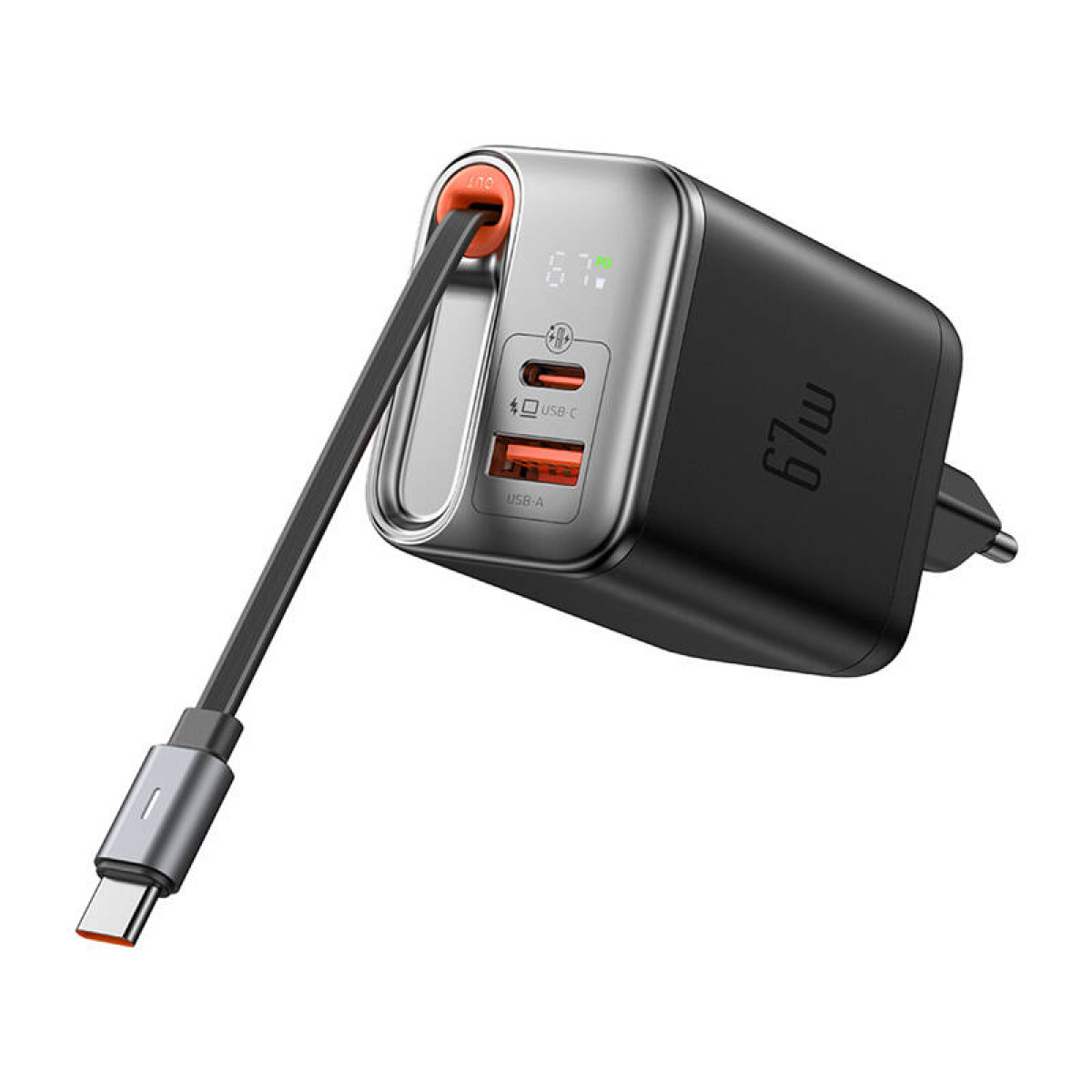 Un caricatore da muro rapido nero e argento da 67W con cavo USB-C collegato e display digitale.