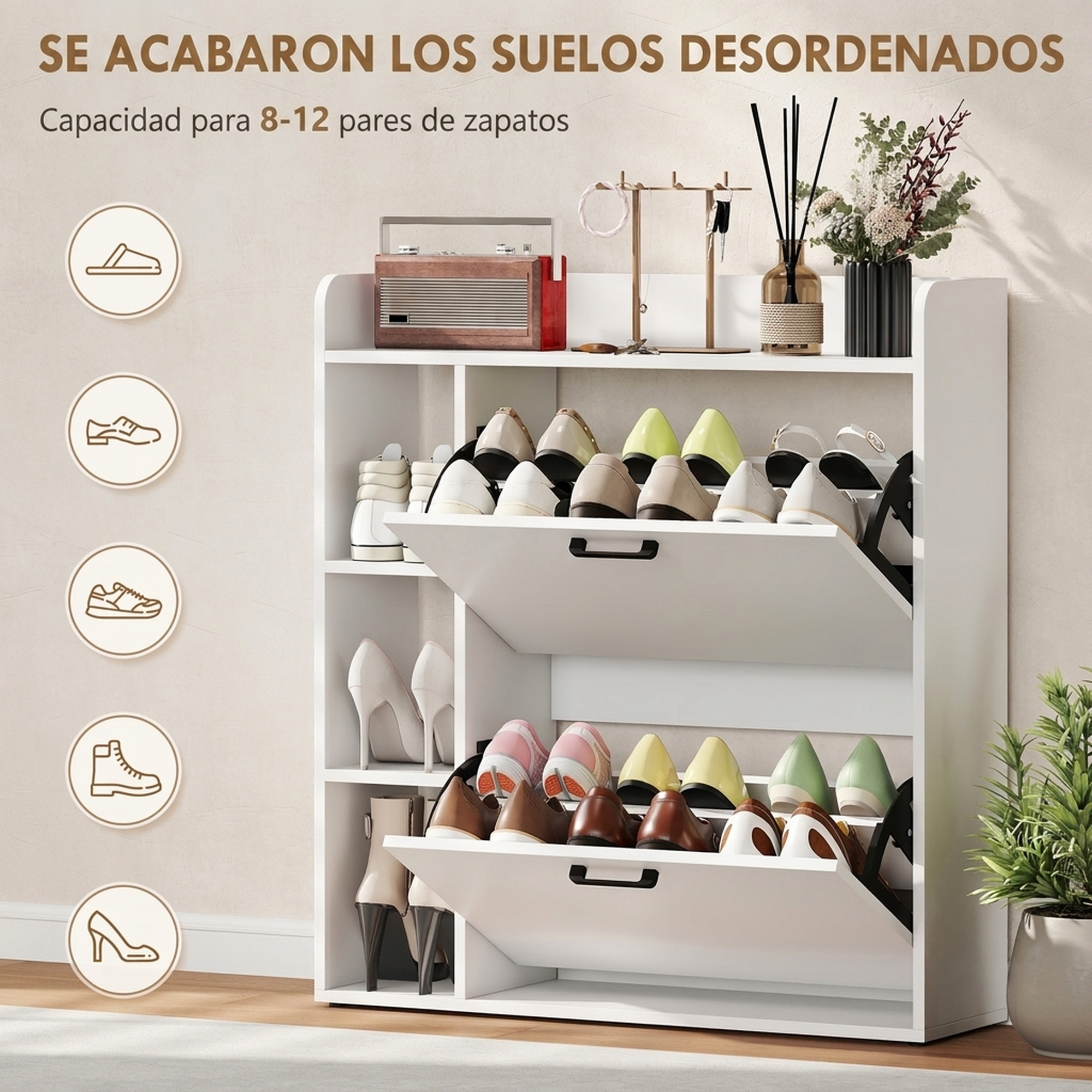 Un zapatero blanco con dos cajones abiertos llenos de zapatos, con una radio y decoraciones.