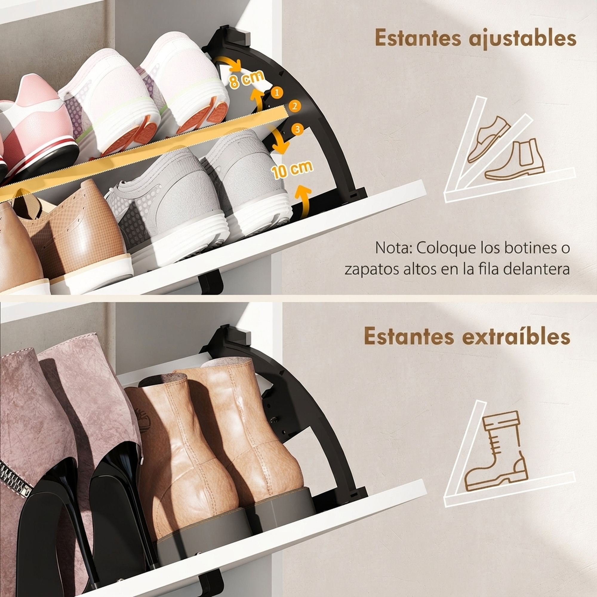 Estantes ajustables y extraíbles en un zapatero lleno de varios zapatos.
