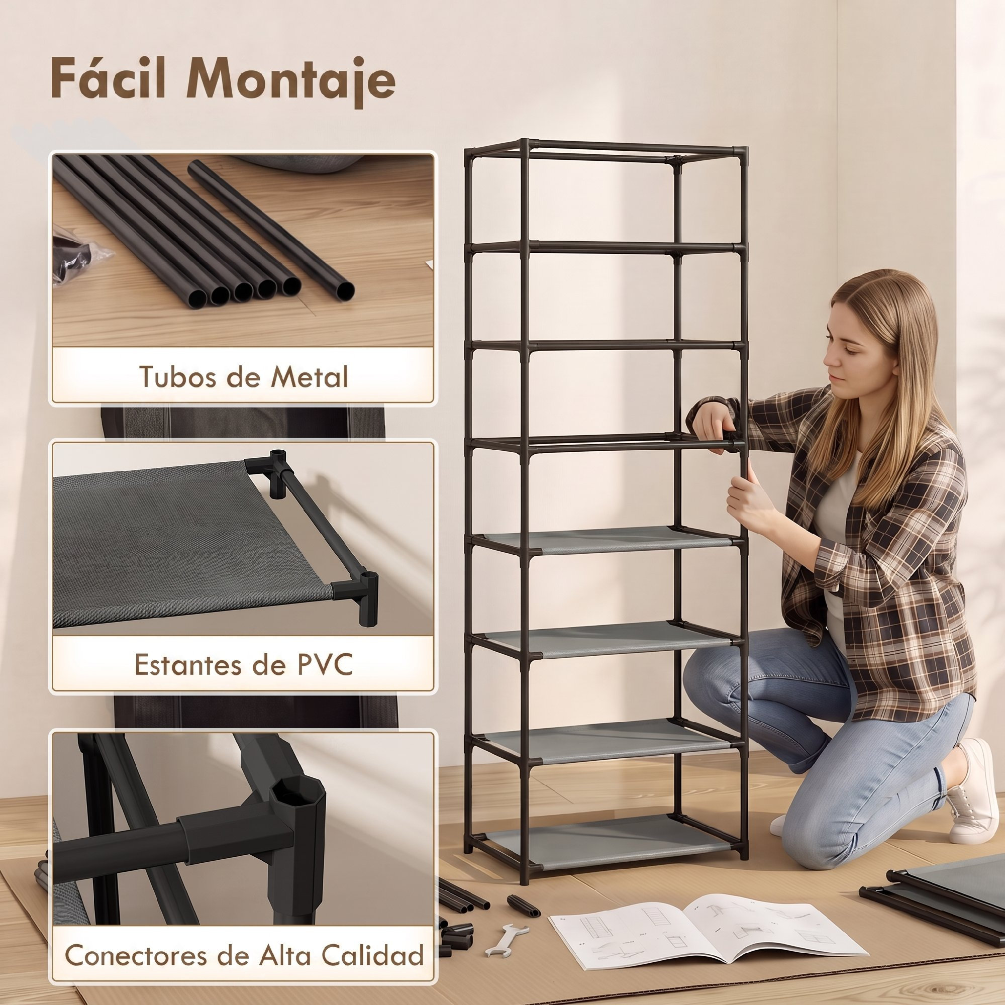 Una mujer monta una estantería metálica alta, con detalles de tubos, estantes de PVC y conectores de calidad.